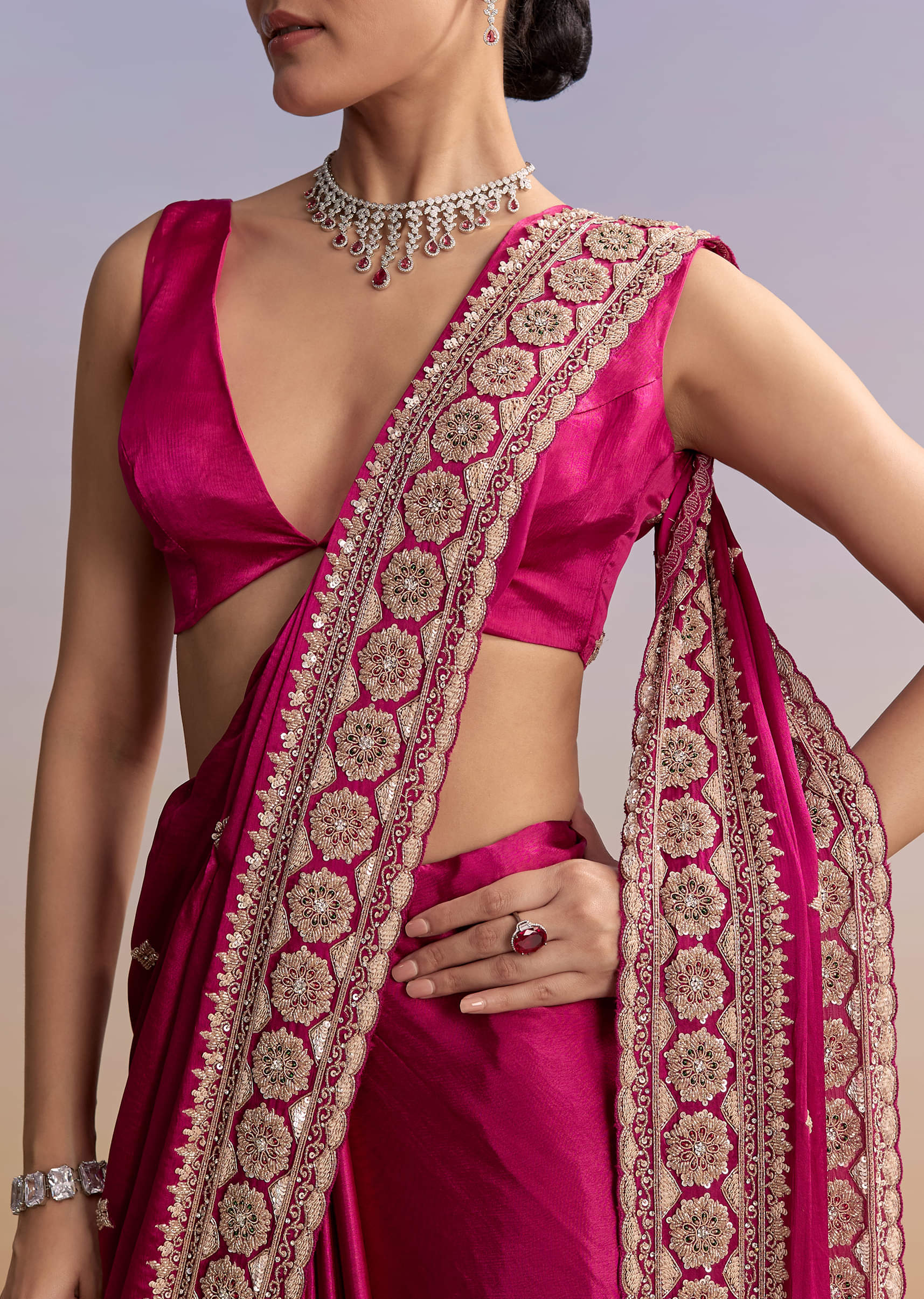 Magenta Pink Satin Saree With Floral Embroidered Border - Image 2