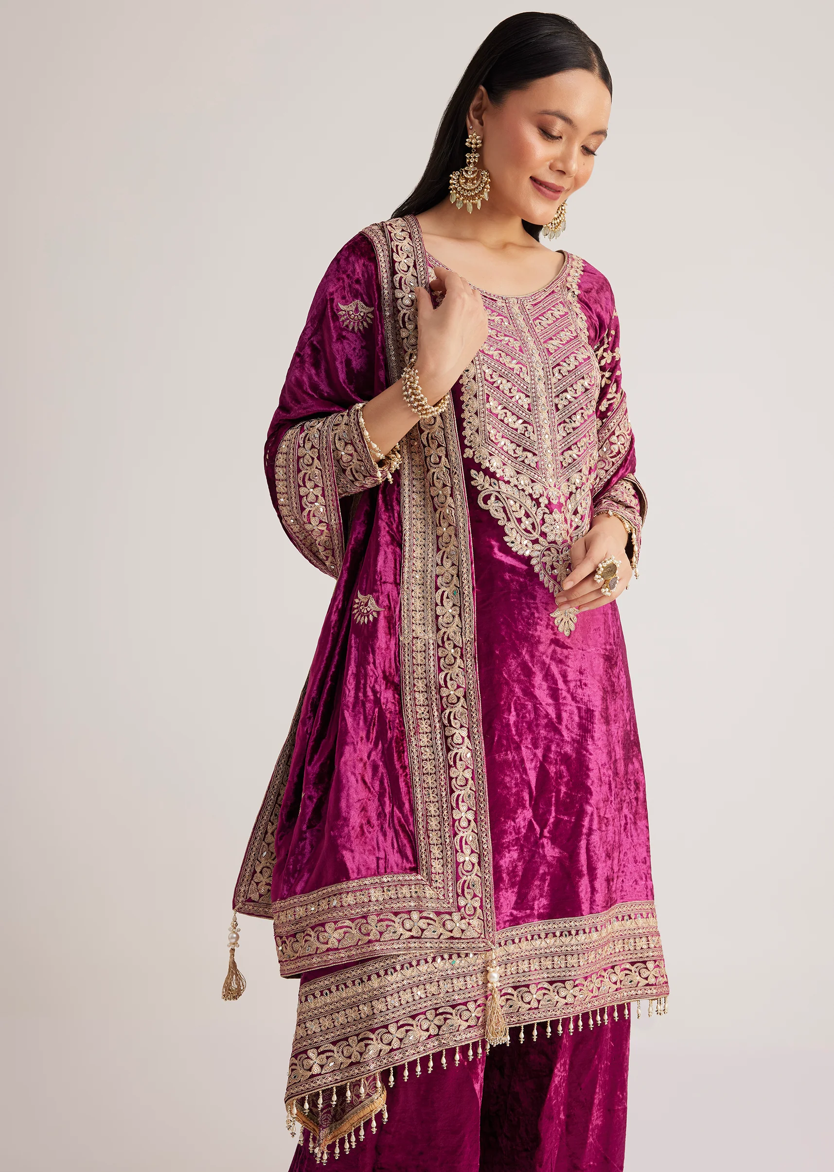 Magenta Pink Velvet Embroidered Palazzo Suit - Image 3