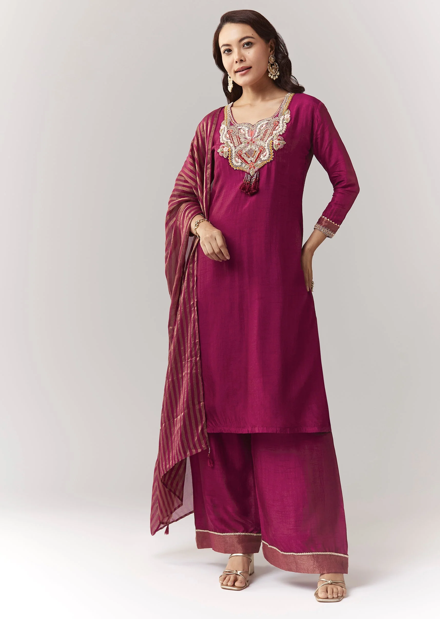 Magenta Zardosi Threadwork Kurta Palazzo Set With Dupatta - Image 3