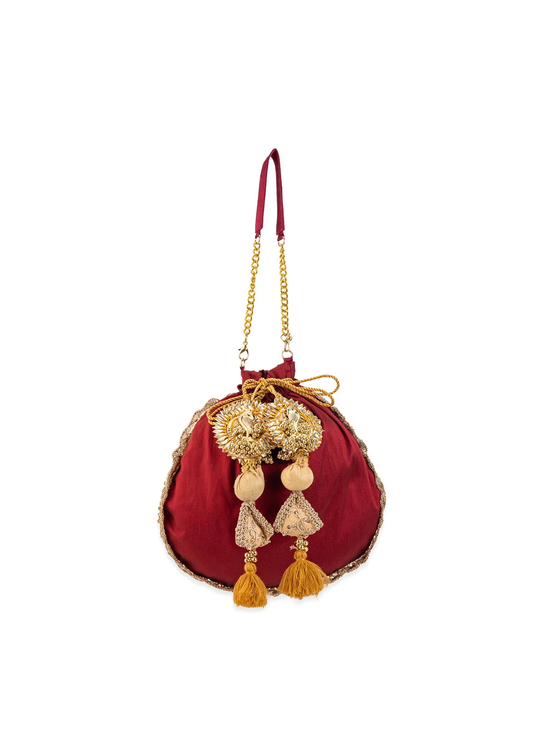 Maroon and Gold Silk Peacock Motif Embroidered Potli Bag - Image 3