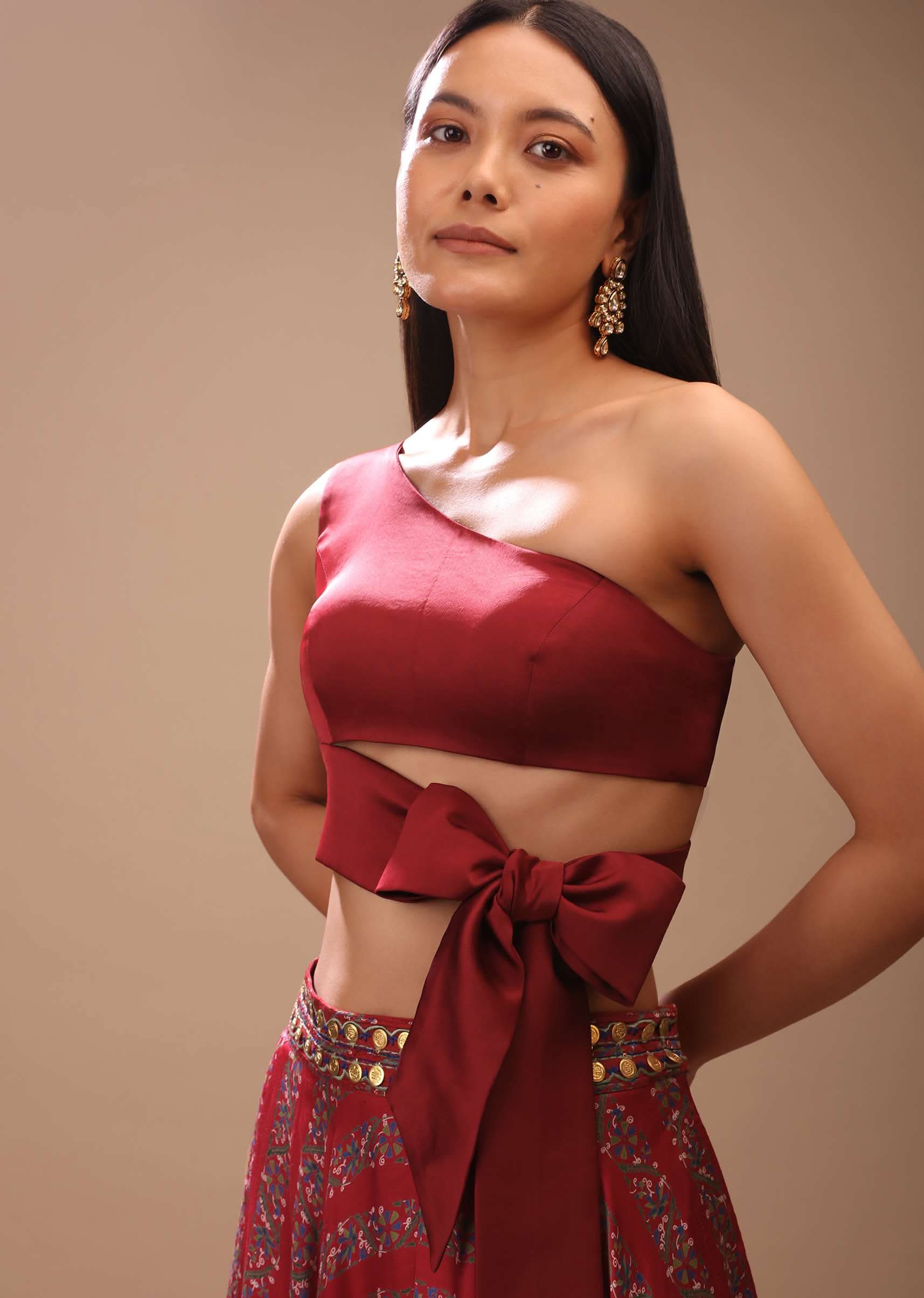 Maroon Blouse In Satin With One Shoulder Neckline And Tie Up Bow - Image 4