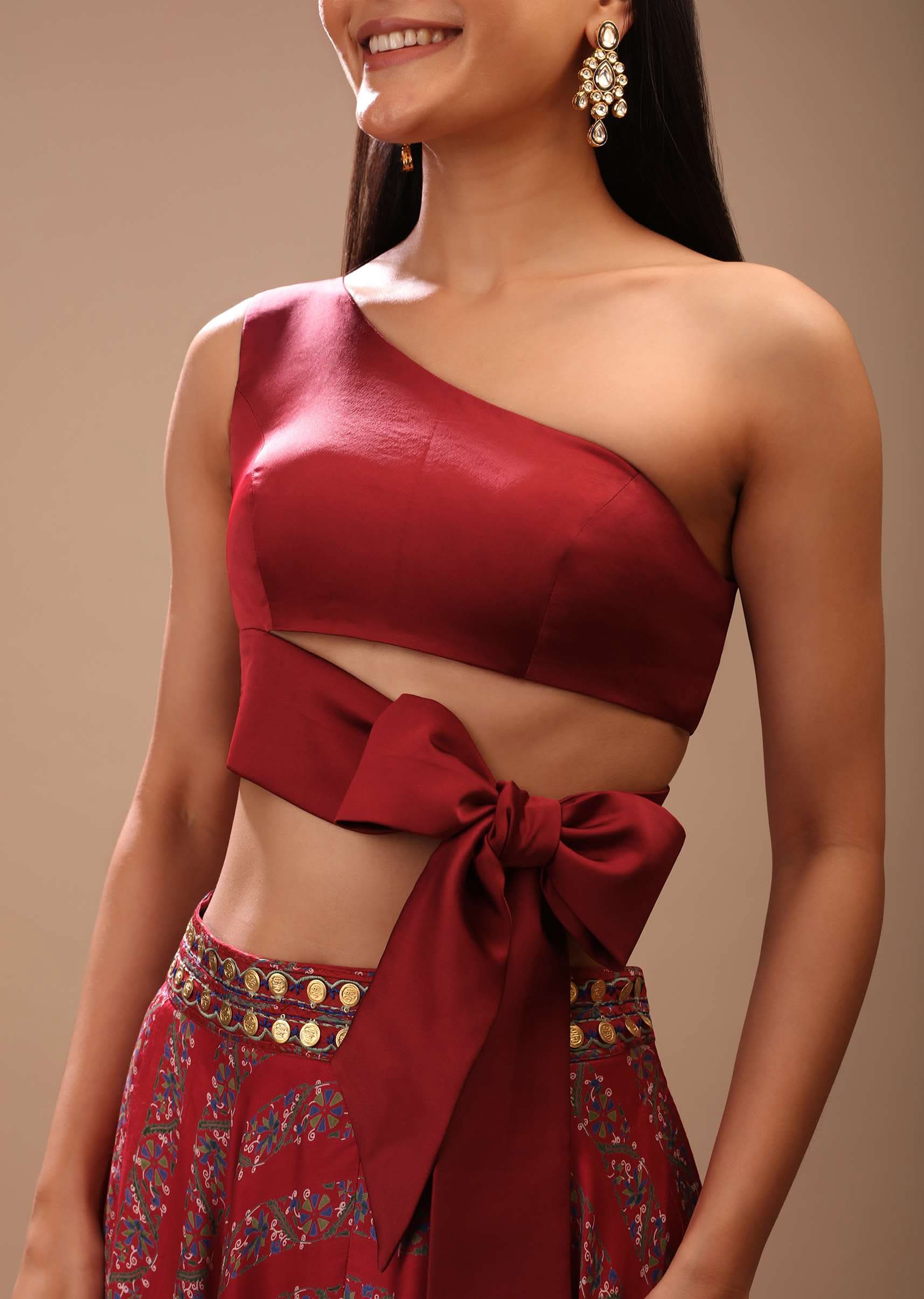 Maroon Blouse In Satin With One Shoulder Neckline And Tie Up Bow - Image 5