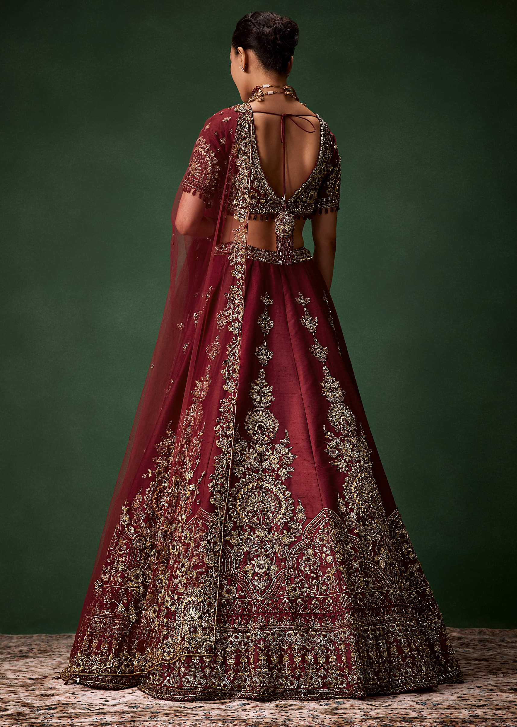Maroon Bridal Moti Silk Lehenga Set with  Two Dupattas - Image 2
