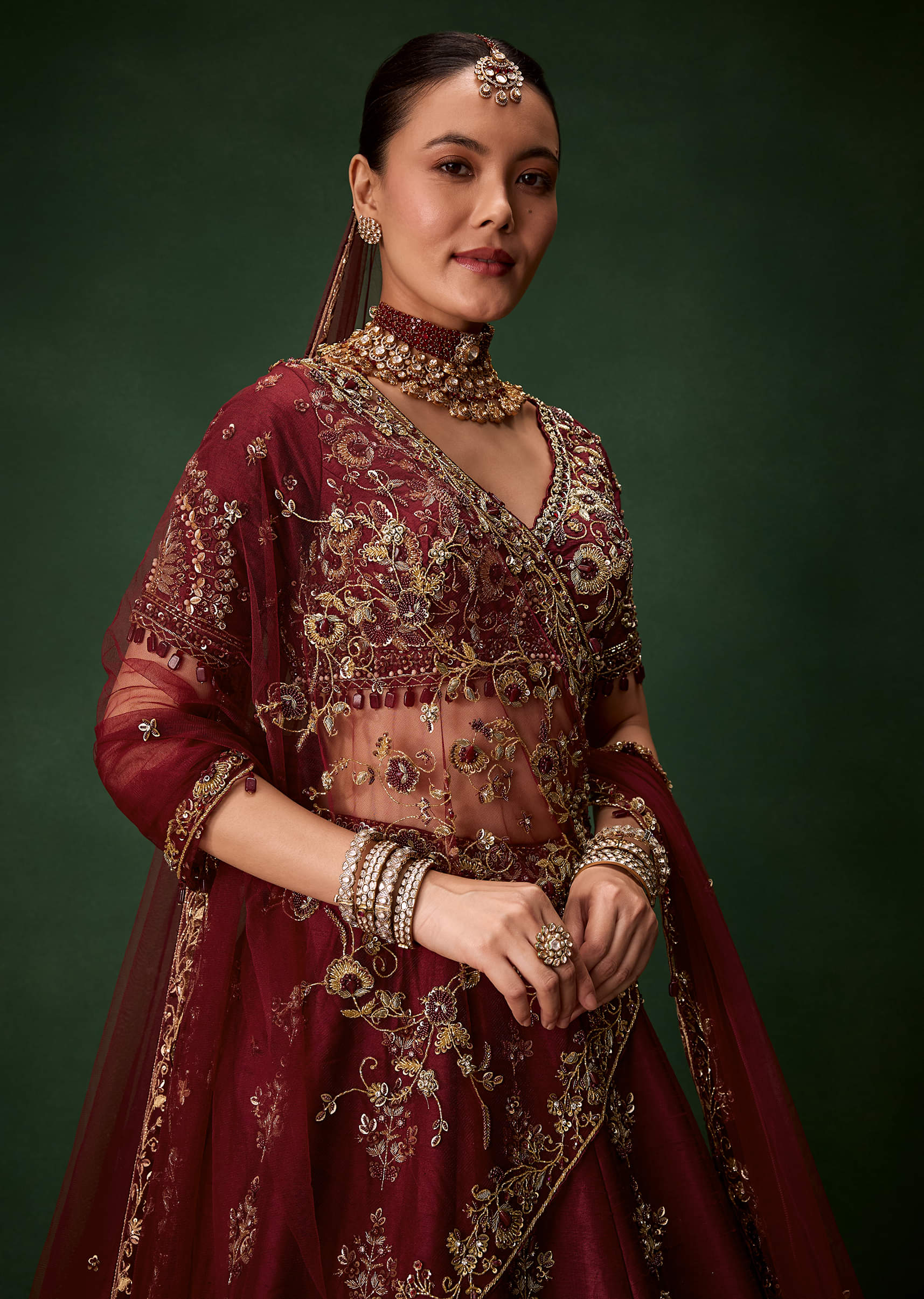 Maroon Bridal Moti Silk Lehenga Set with  Two Dupattas - Image 3