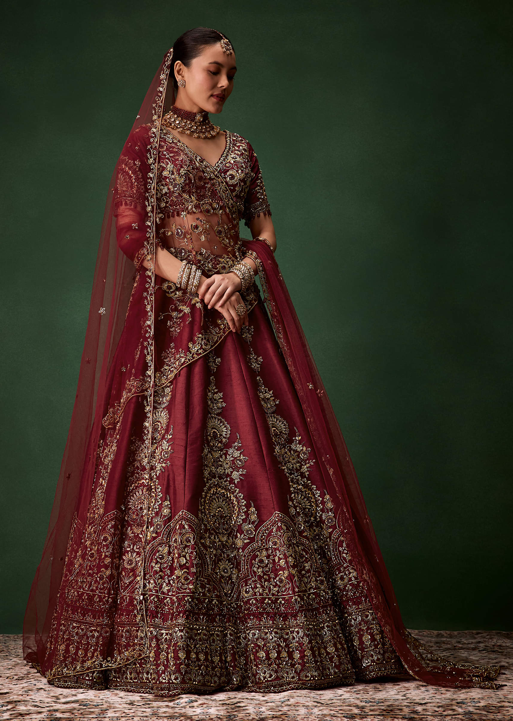 Maroon Bridal Moti Silk Lehenga Set with  Two Dupattas - Image 4
