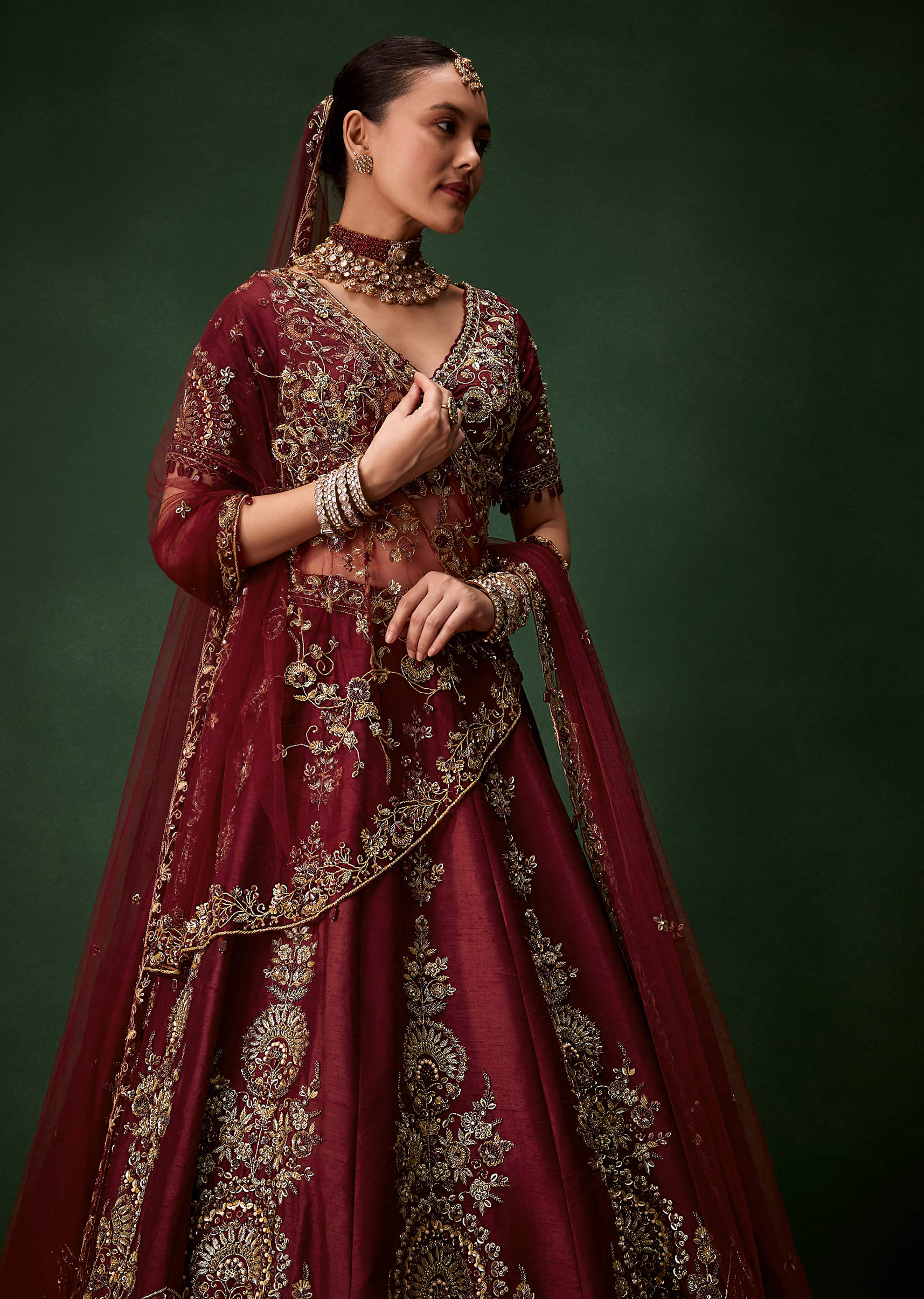Maroon Bridal Moti Silk Lehenga Set with  Two Dupattas - Image 5