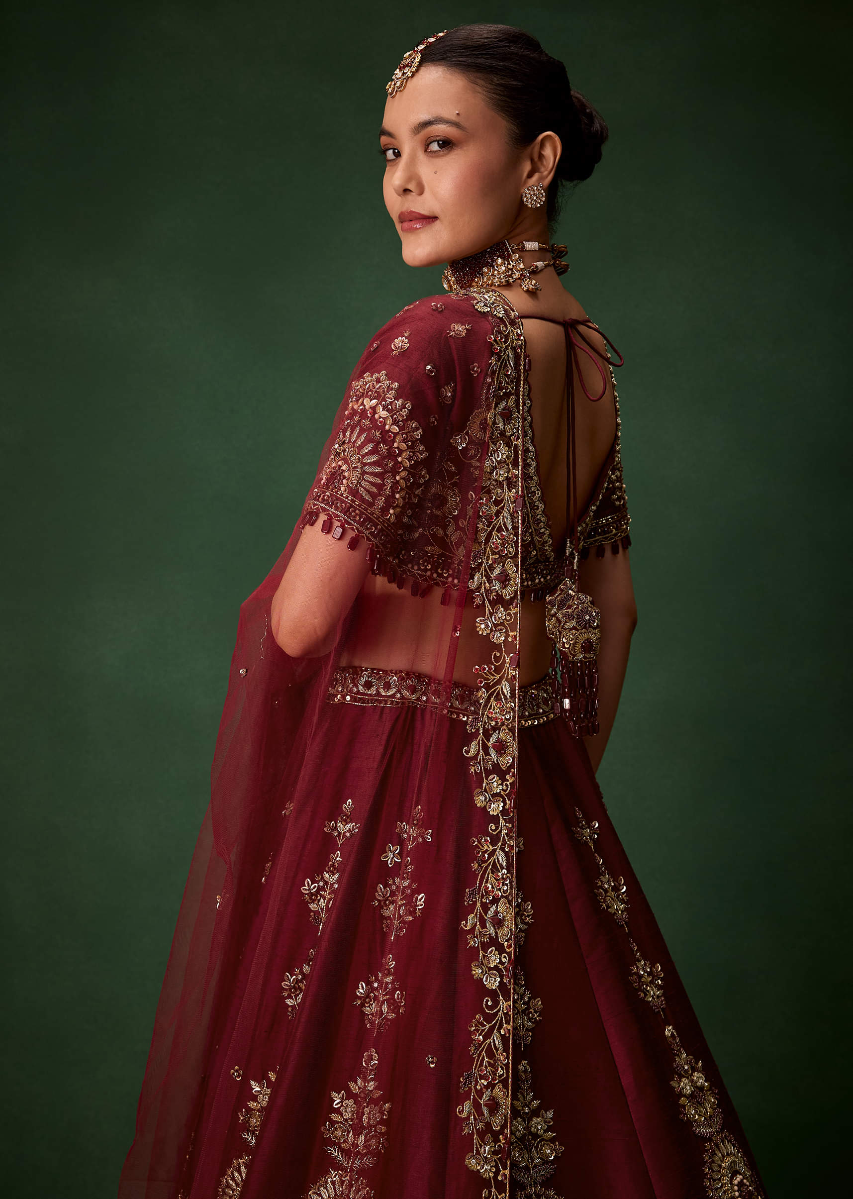 Maroon Bridal Moti Silk Lehenga Set with  Two Dupattas - Image 6