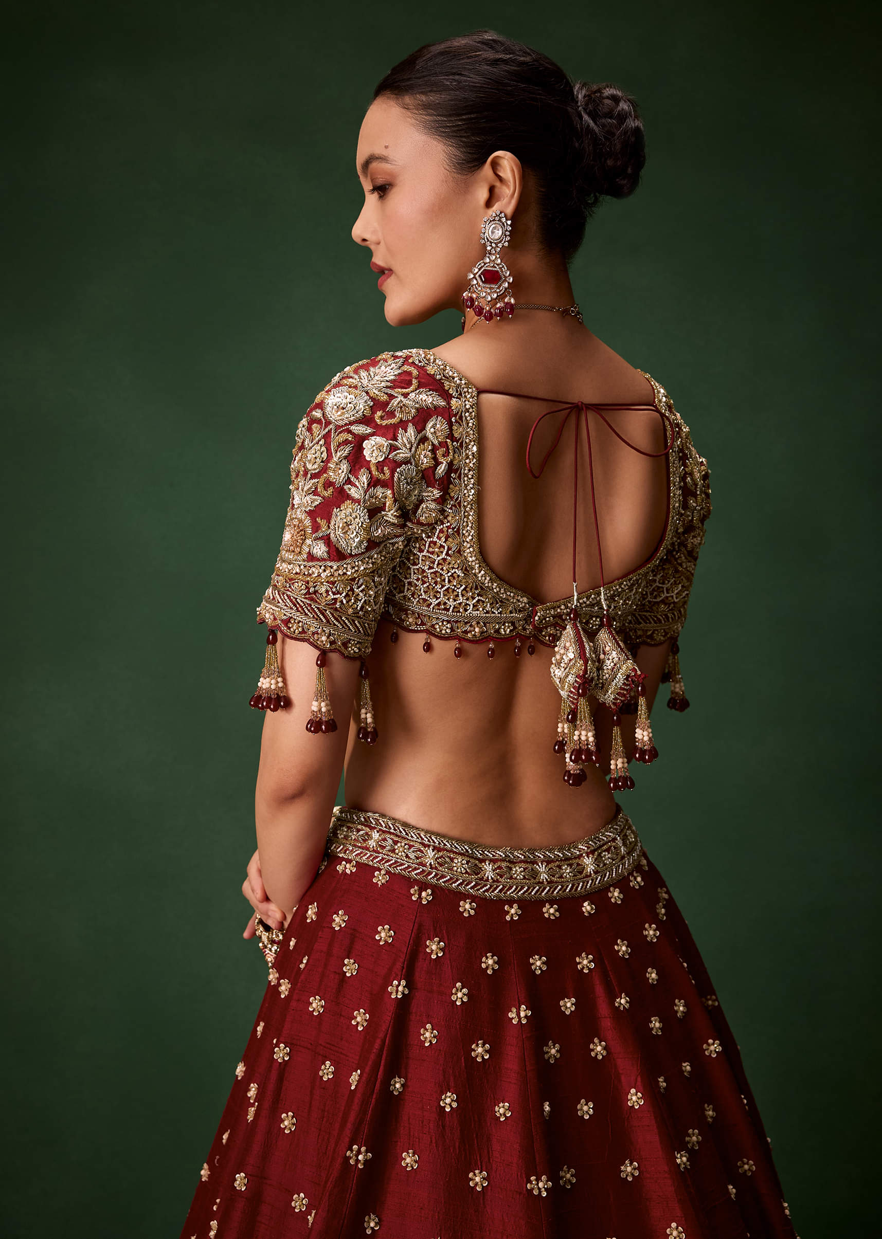 Maroon Bridal Patchwork Silk Lehenga Set with Two Dupattas - Image 6