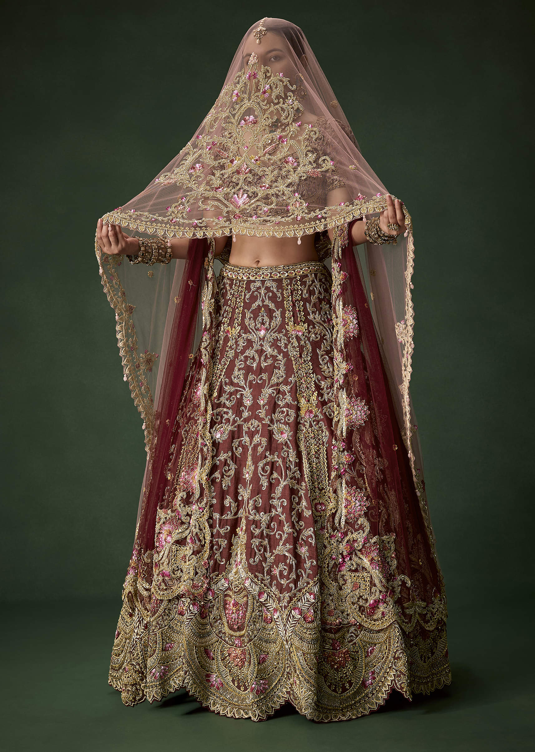 Maroon Bridal Silk Embellished Lehenga Set with Two Dupattas - Image 3
