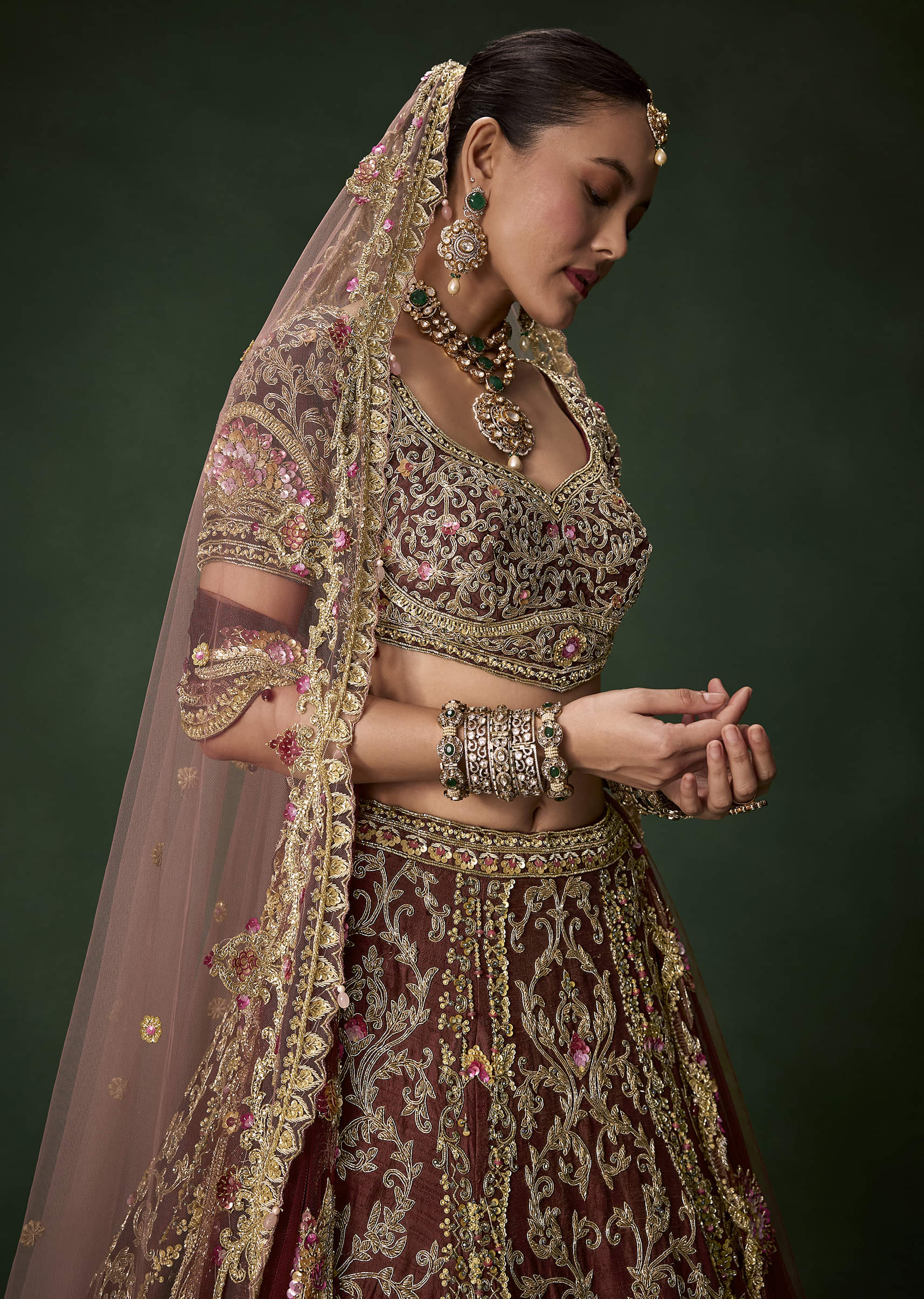 Maroon Bridal Silk Embellished Lehenga Set with Two Dupattas - Image 4