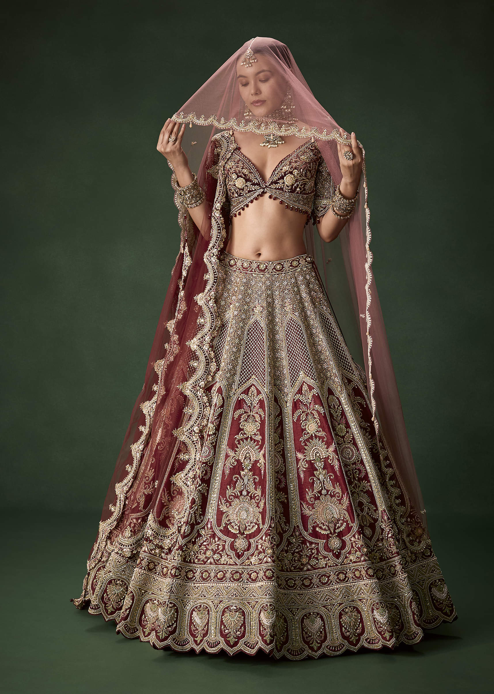 Maroon Bridal Silk Sequin Lehenga Set with Two Dupattas