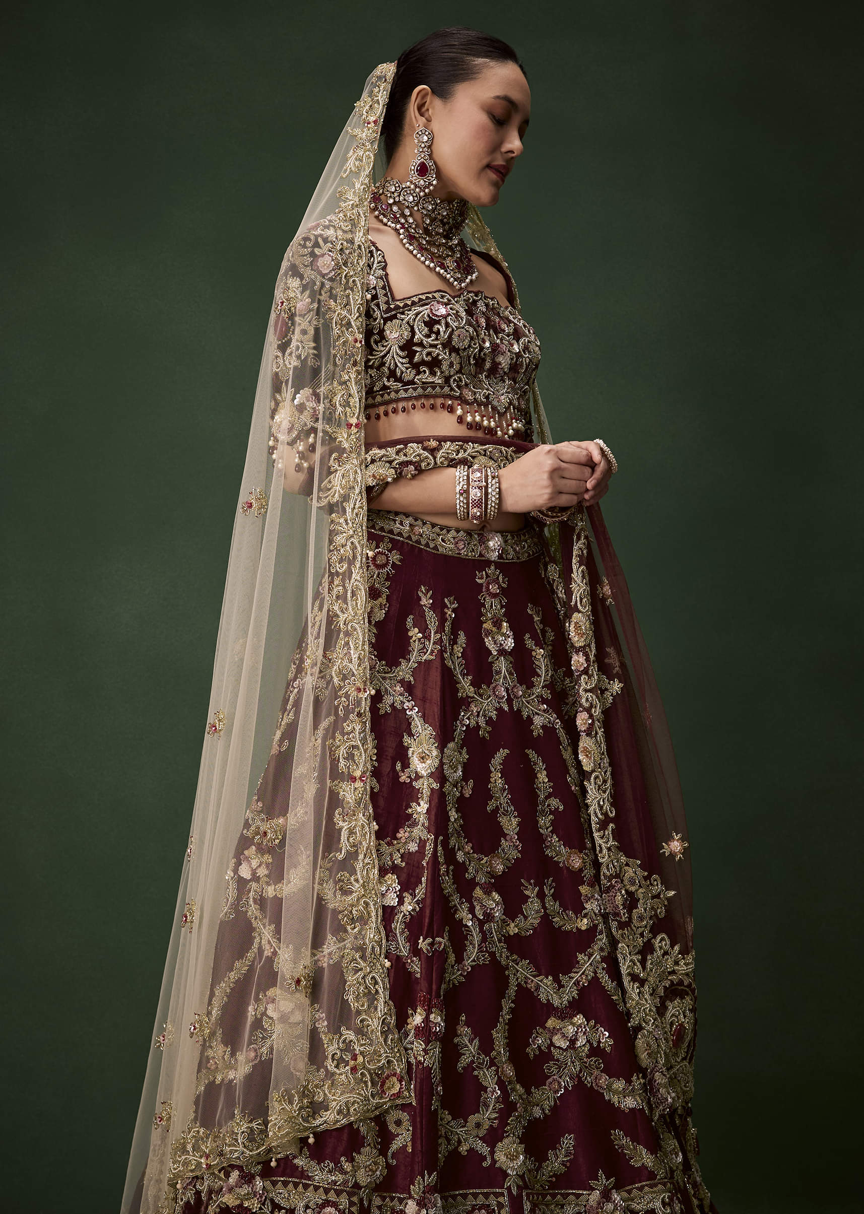 Maroon Bridal Silk Zardozi Lehenga Set with Two Dupattas - Image 5