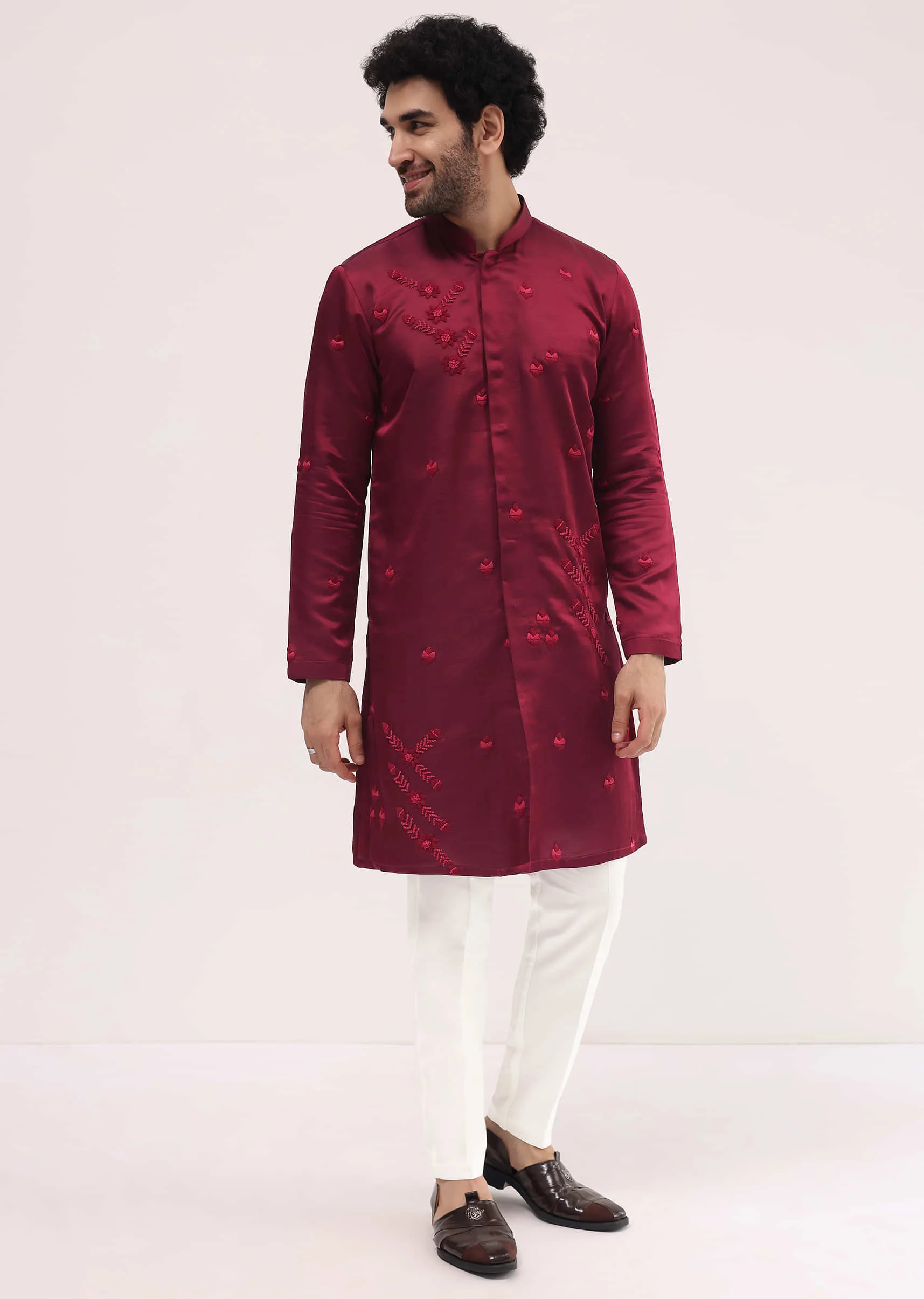 Maroon Bud Embroidered Silk Kurta Set For Men - Image 2