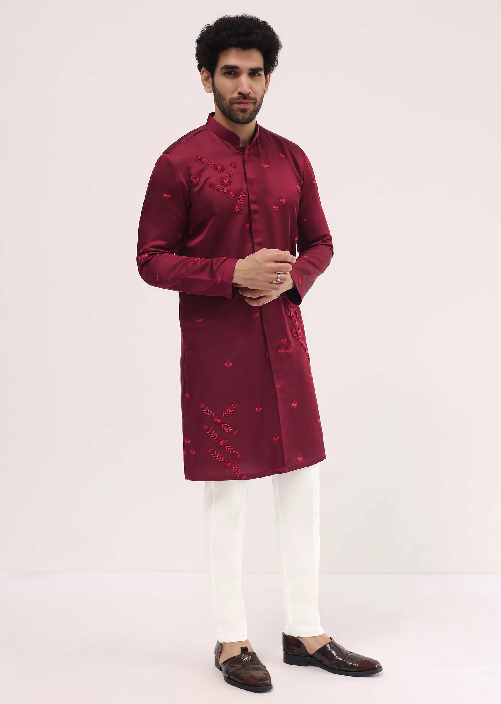 Maroon Bud Embroidered Silk Kurta Set For Men - Image 4