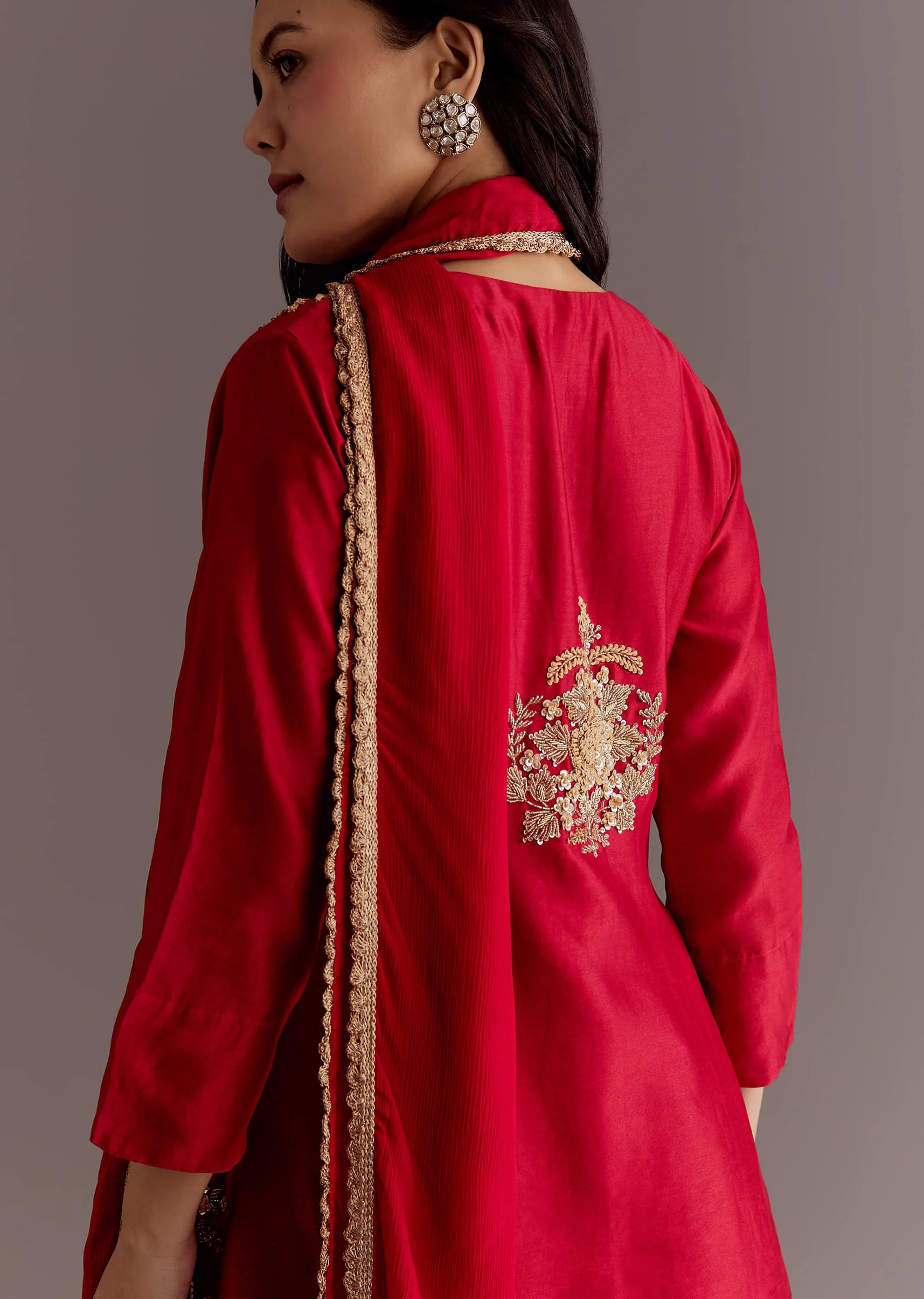 Maroon Chinon Sequin Gota Lace Kurta Skirt Set With Dupatta - Image 5