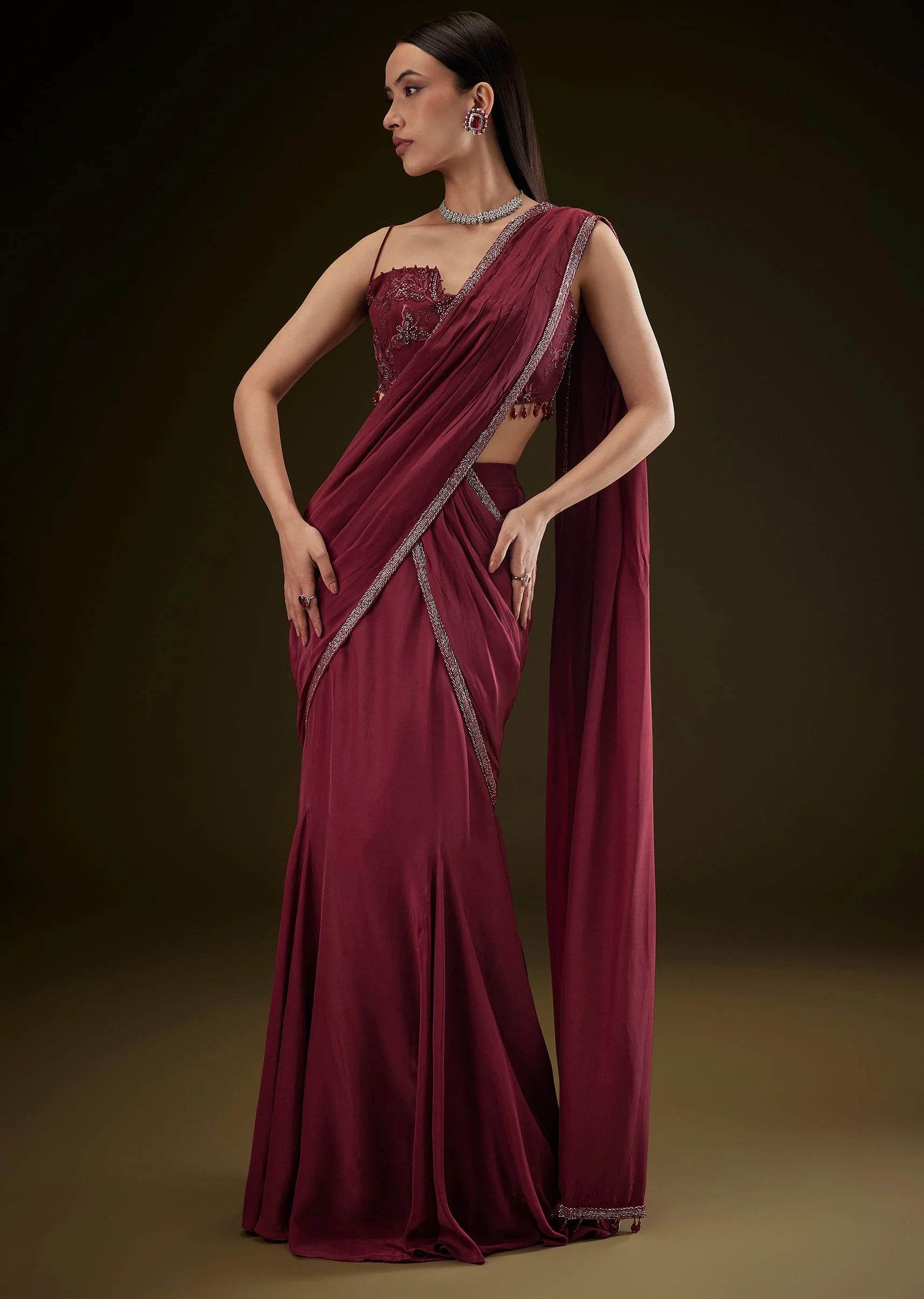 Maroon Corset Embroidered Blouse With Pre Stitched Draped Saree - Image 3