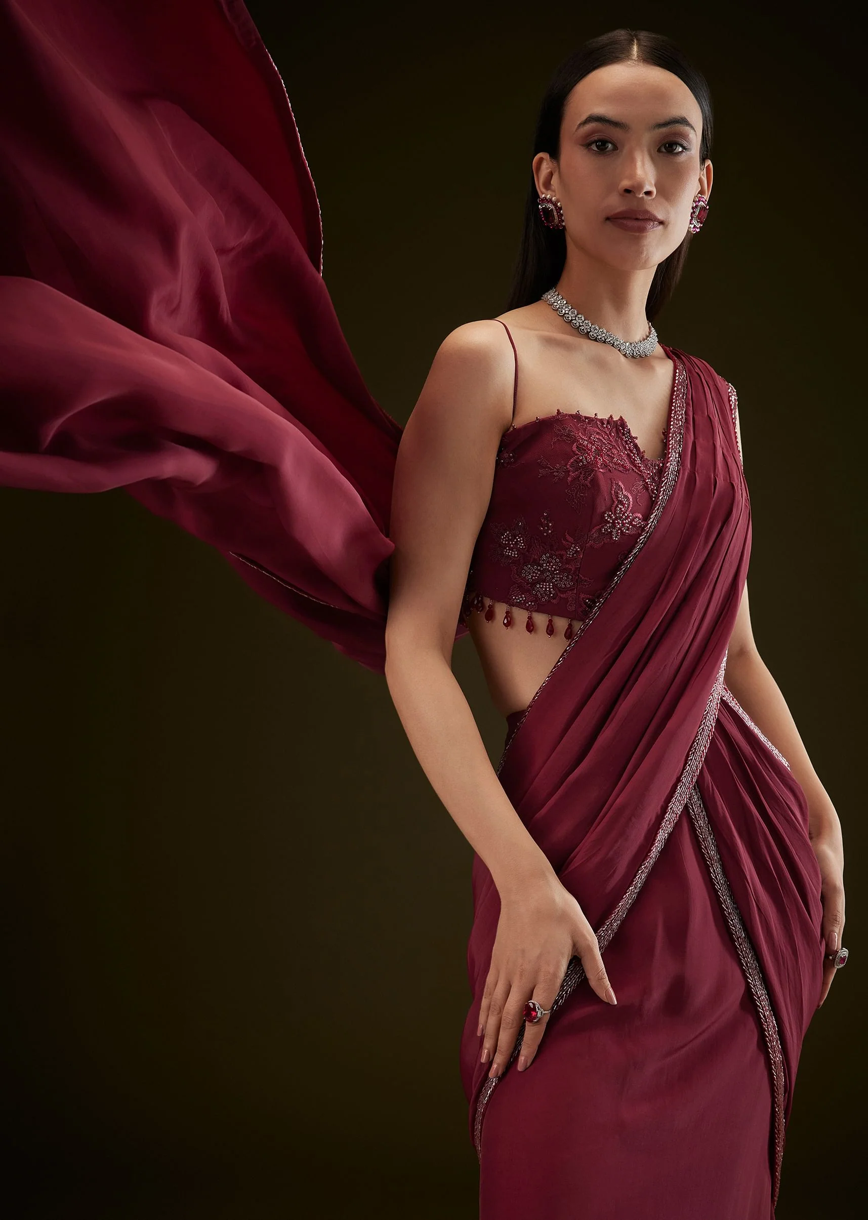 Maroon Corset Embroidered Blouse With Pre Stitched Draped Saree - Image 5