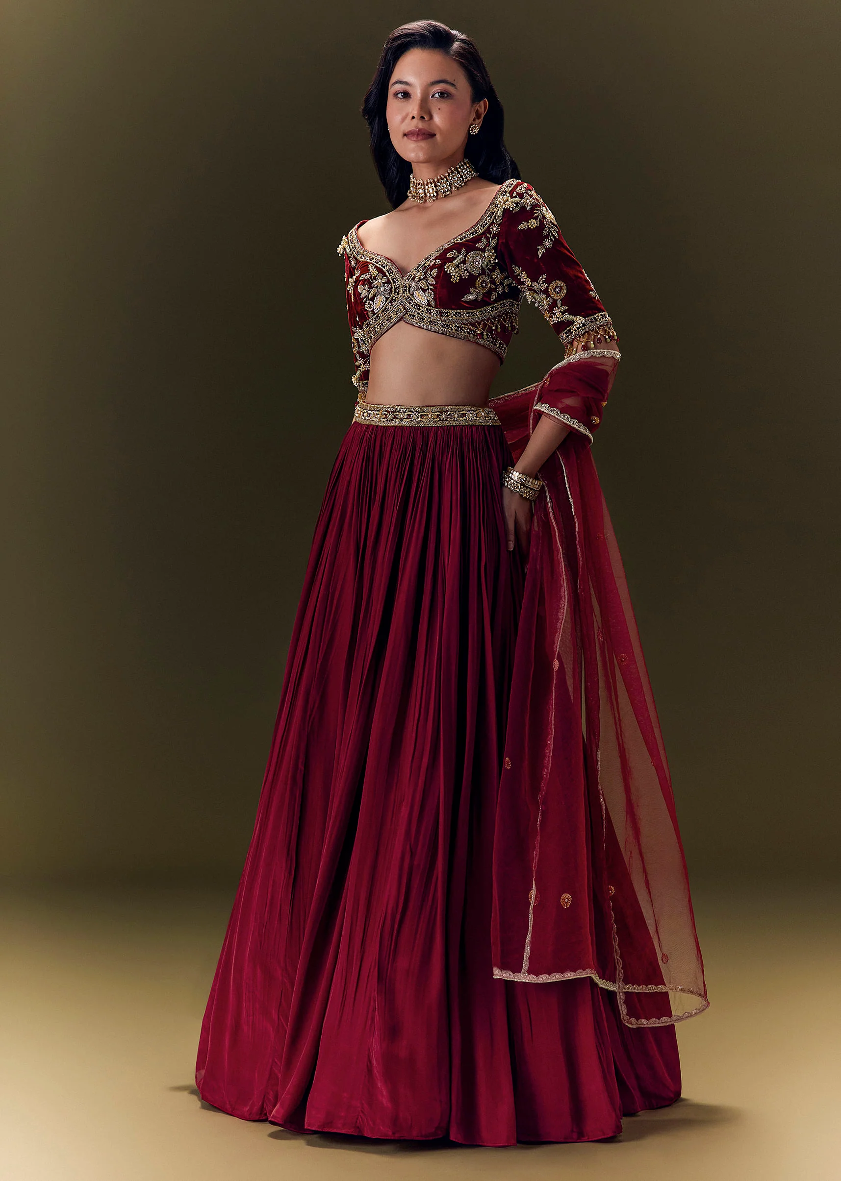 Maroon Crepe Velvet Lehenga Set With Cross Body Blouse - Image 6