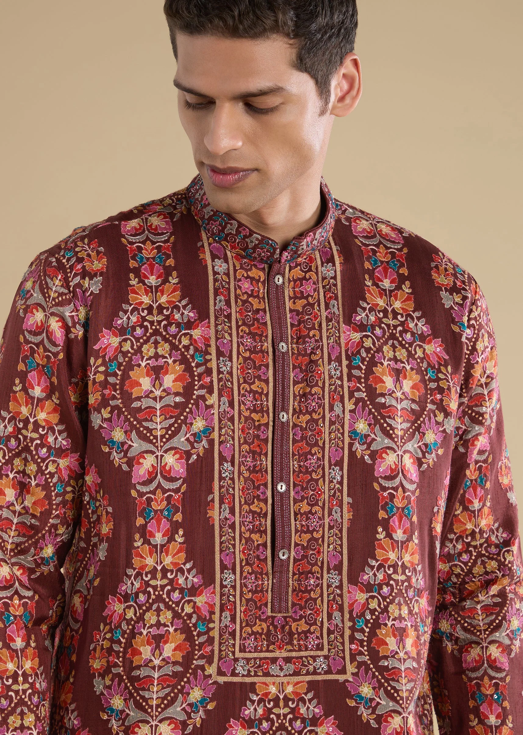 Maroon Embroidered Silk Kurta Set - Image 2