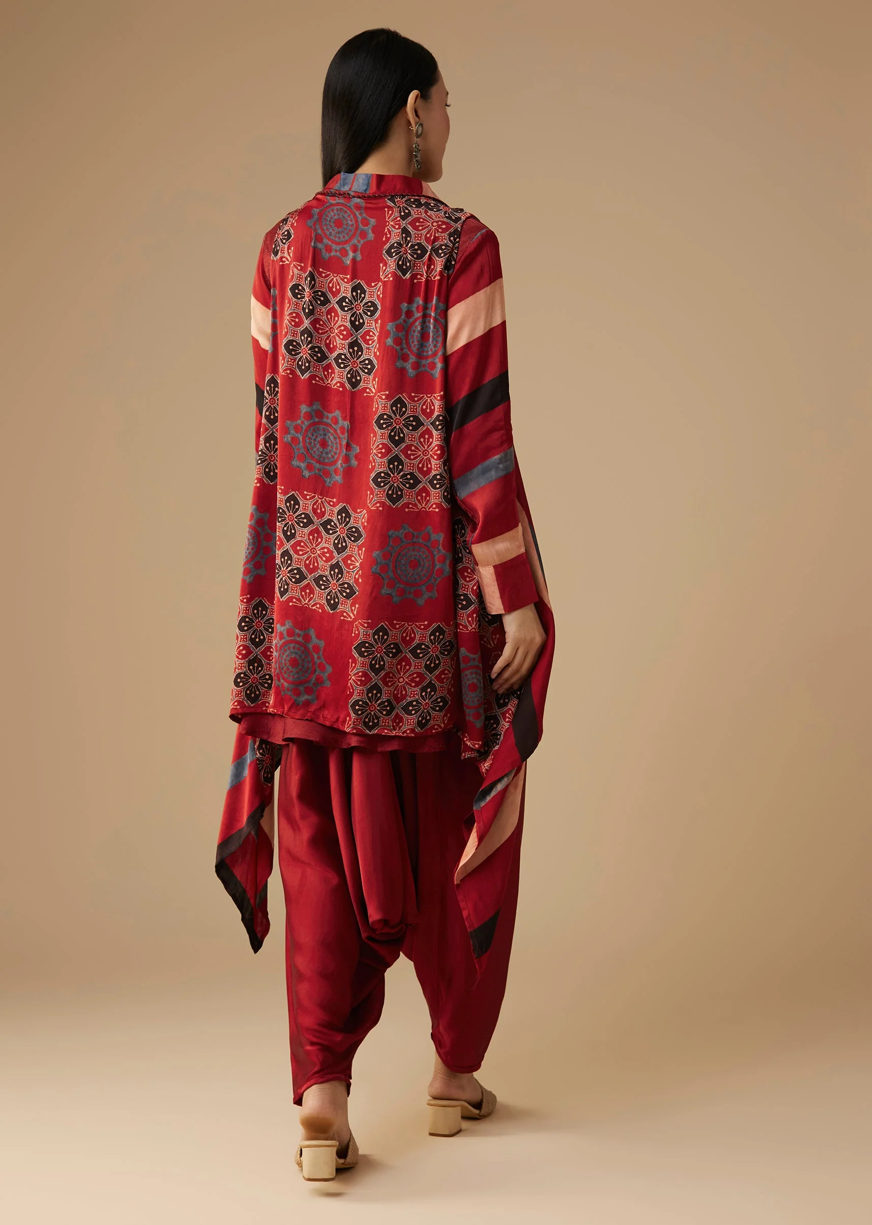 Maroon Hand Dyed Ajrakh Jacket, Shirt and Dhoti Set - Image 6