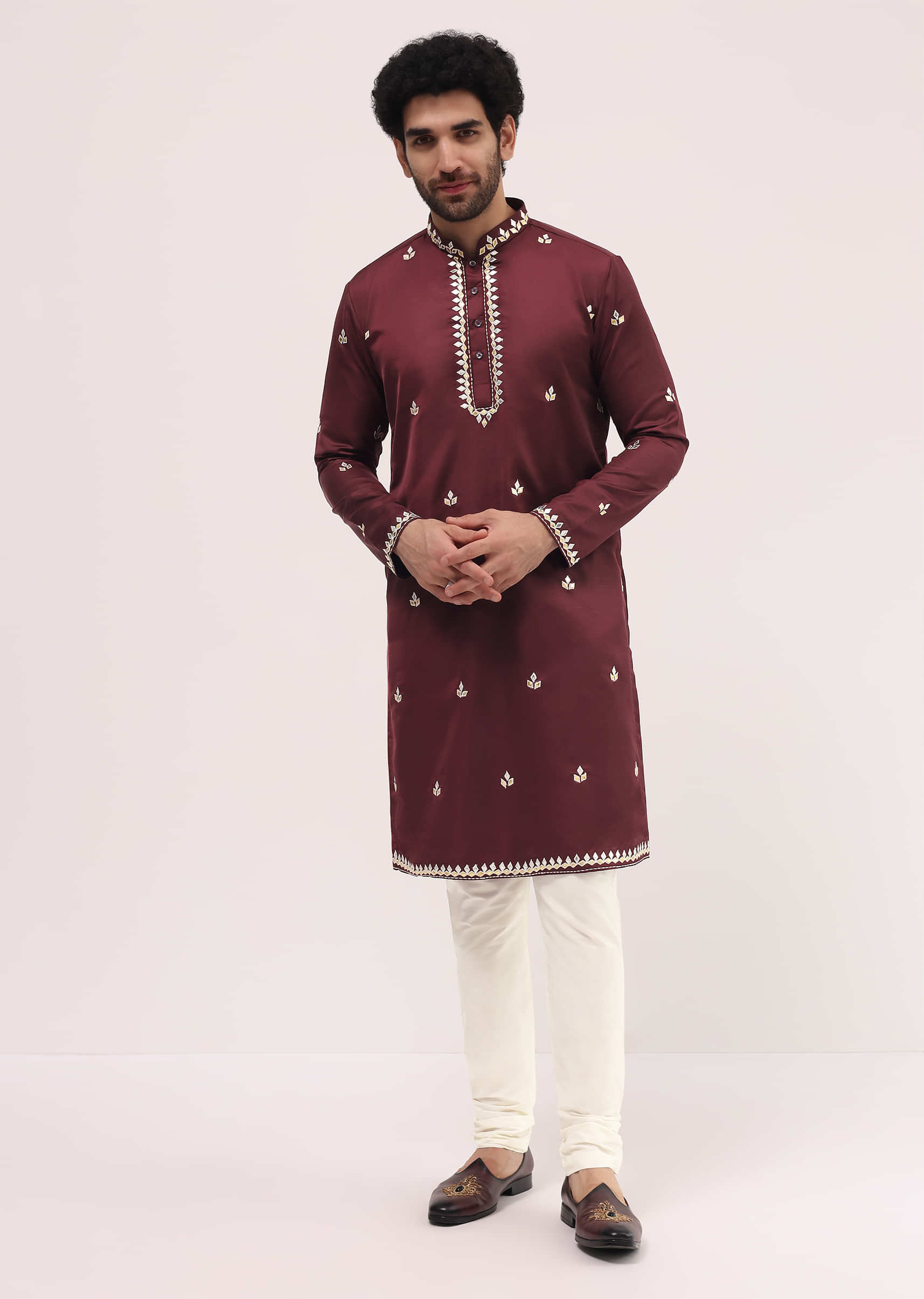 Maroon Kurta Set With Abla Work For Men - Image 2