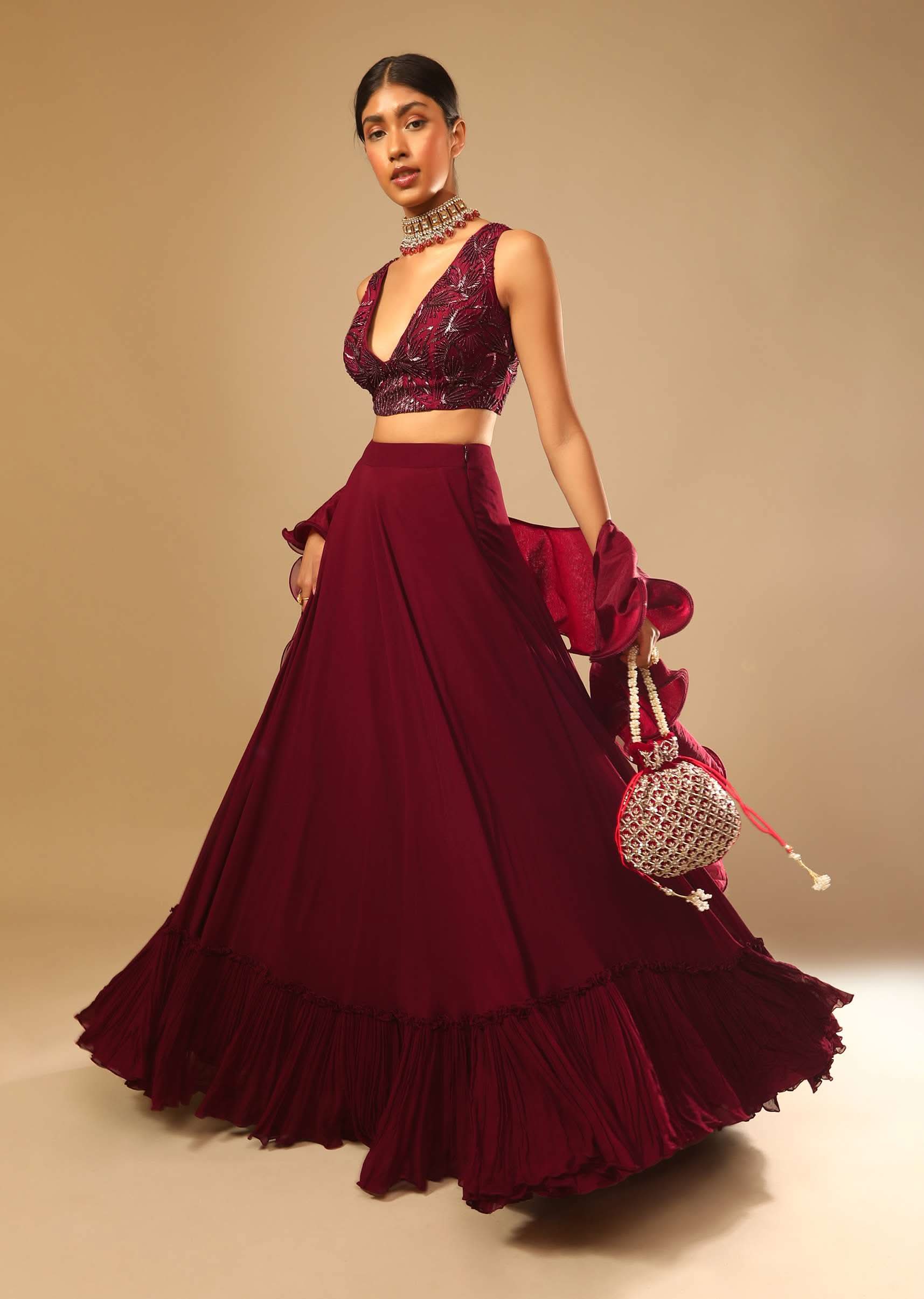 Maroon Lehenga And Crop Top With Hand Embroidered Leaf Motifs And A Ruffle Dupatta - Image 5