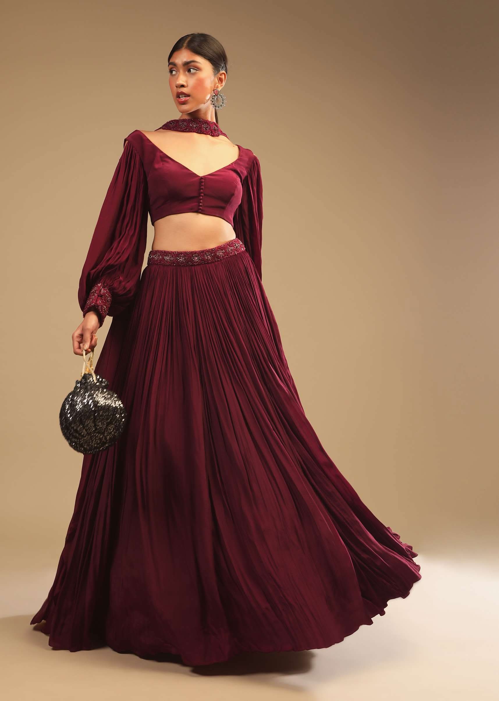 Maroon Lehenga In Crepe With Embroidery Detailing On The Waist And Bishop Sleeved Crop Top - Image 6