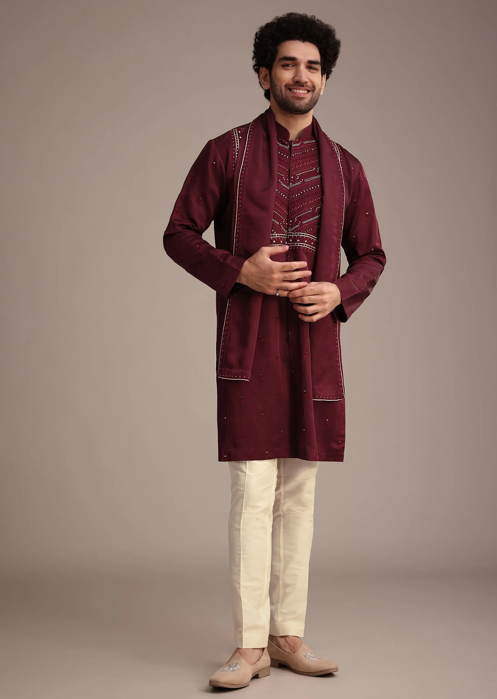 Maroon Mirror Embroidered Kurta Set With Dupatta - Image 2
