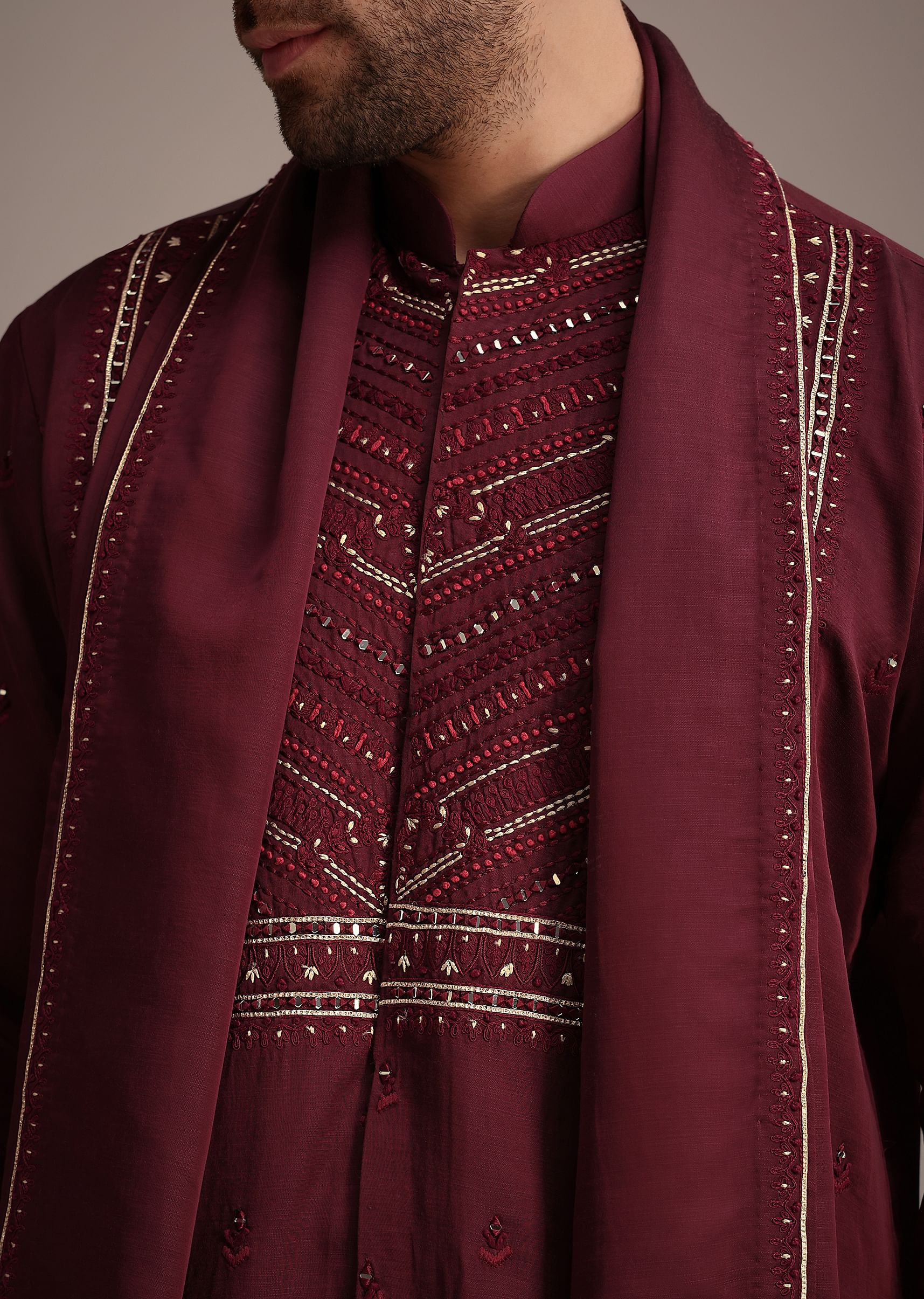 Maroon Mirror Embroidered Kurta Set With Dupatta - Image 3