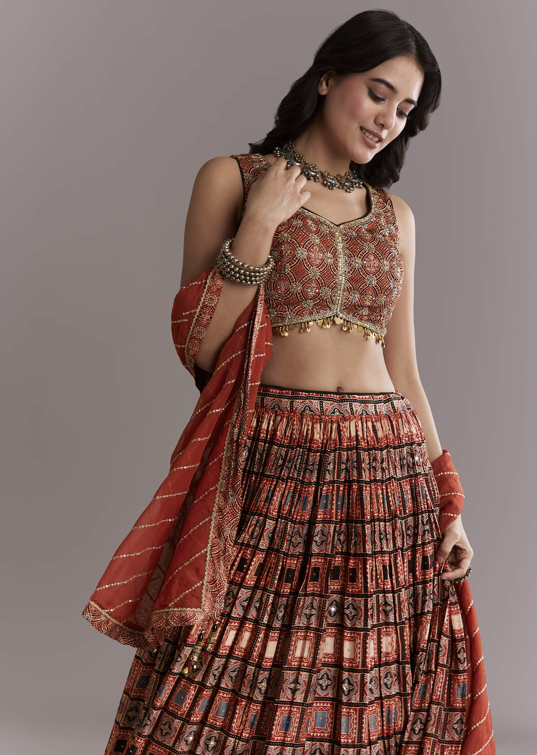 Maroon Modal Bridesmaid Lehenga With Hand Dyed Ajrakh Print - Image 5