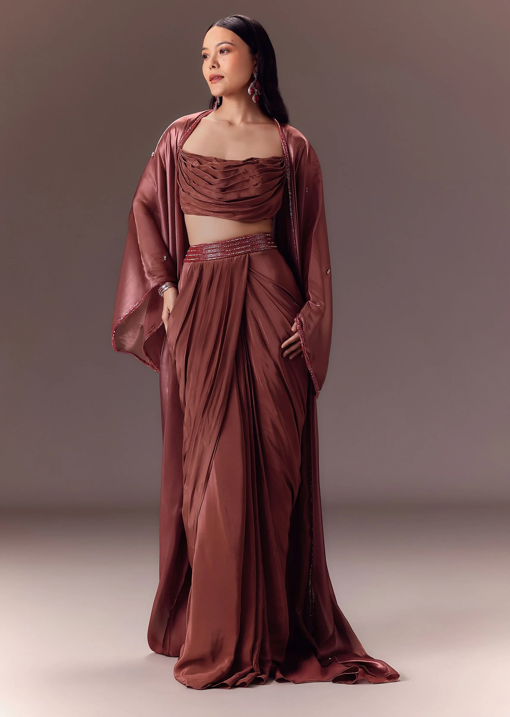 Maroon Organza Cowl Blouse With Jacket And Draped Skirt - Image 3