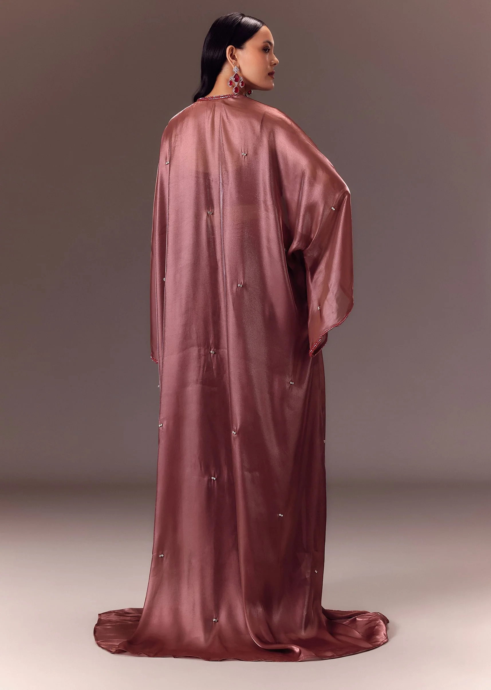 Maroon Organza Cowl Blouse With Jacket And Draped Skirt - Image 5