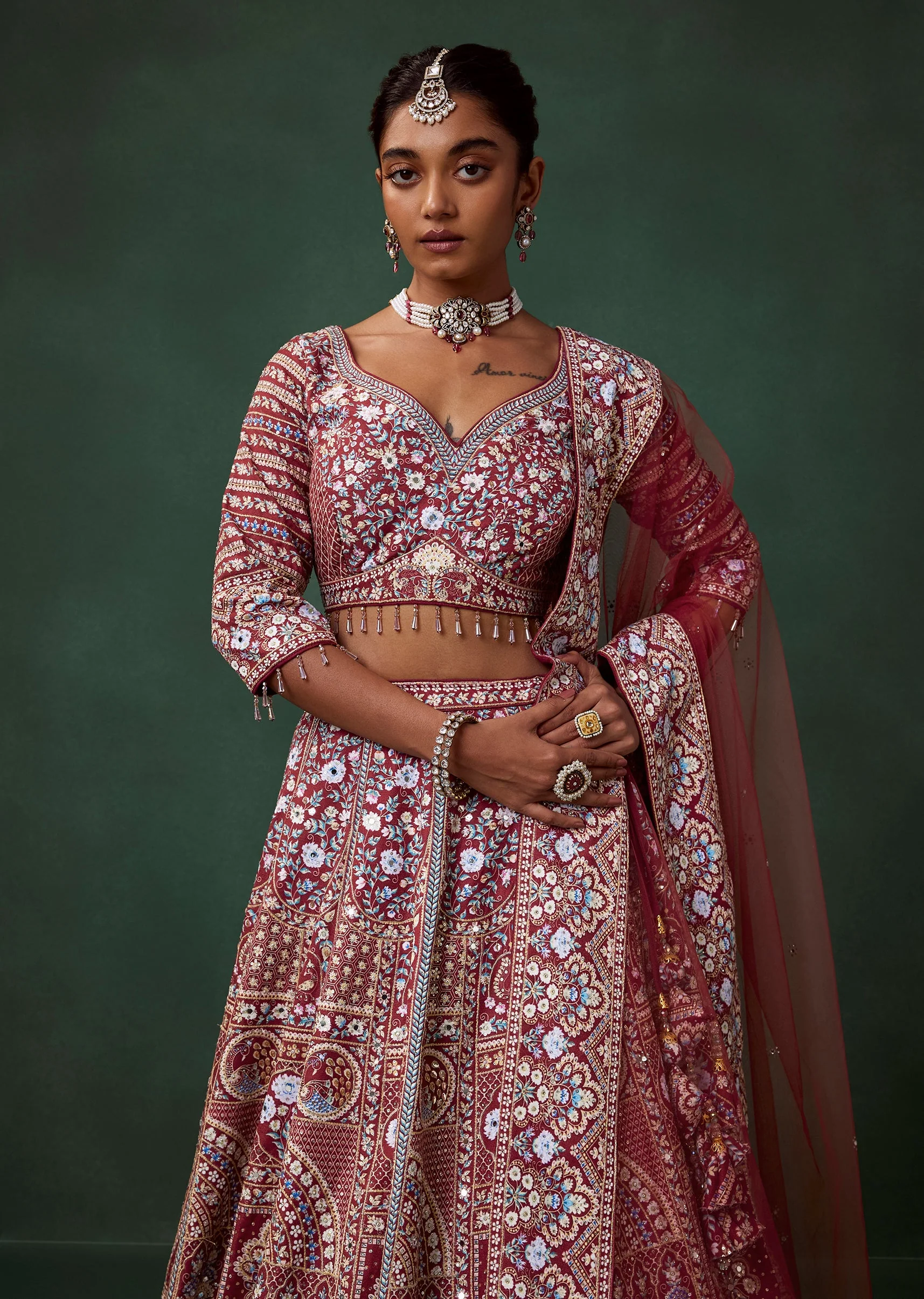 Maroon Printed and Embroidered Kali Bridal Georgette Lehenga Set - Image 5