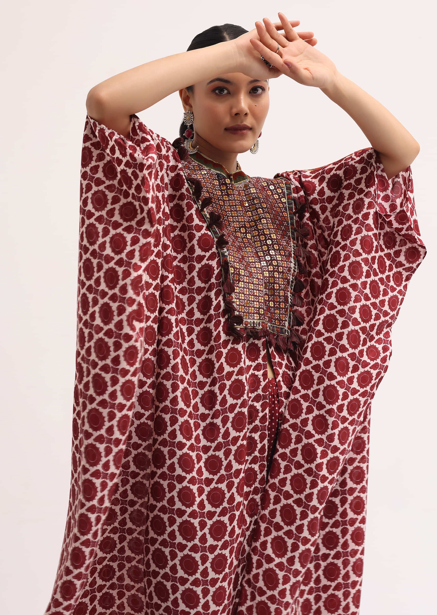 Maroon Printed Crepe Kaftan Kurta Set - Image 2