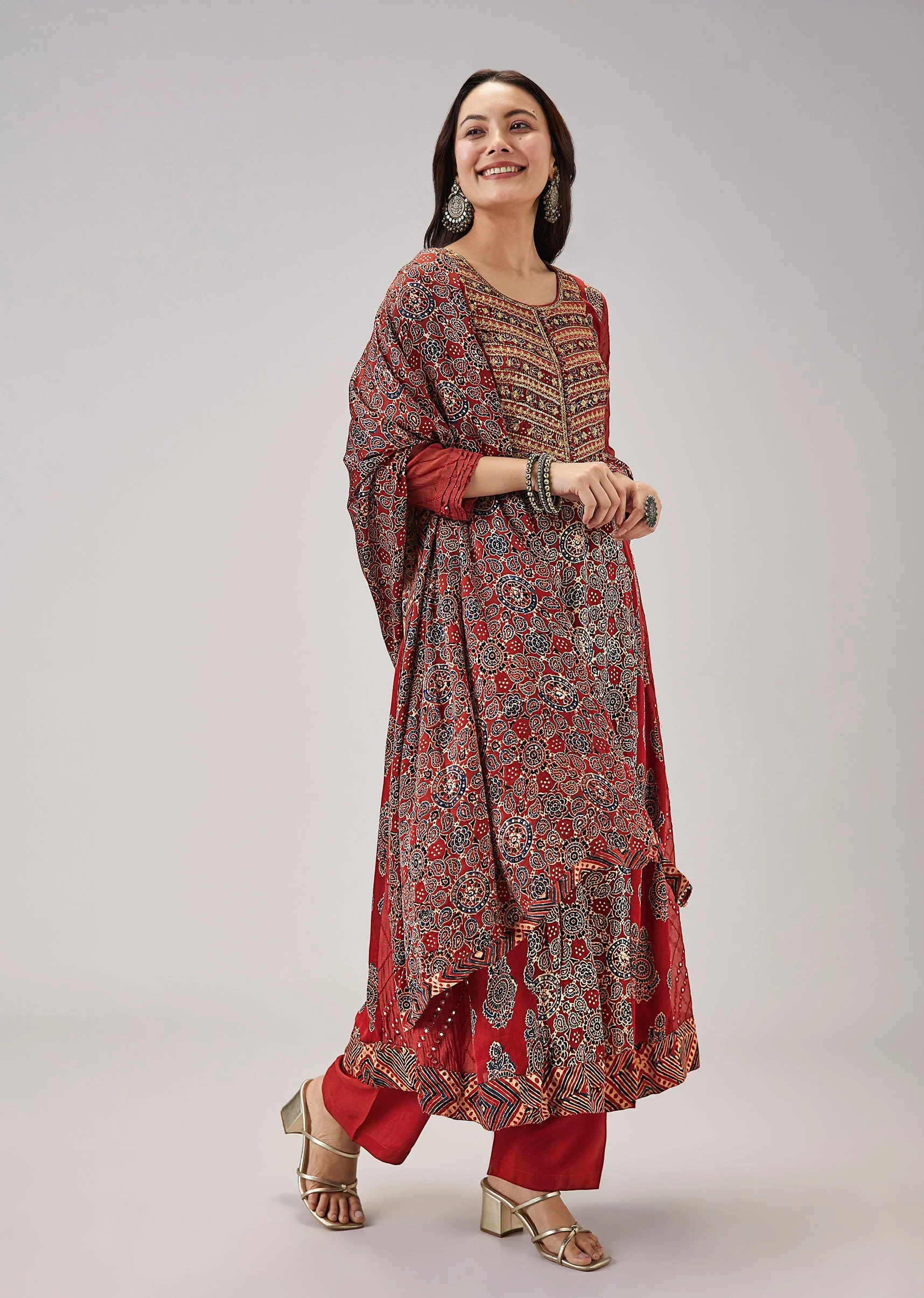 Maroon Pure Ajrakh Printed Anarkali Adorned With Zari Detailing - Image 3