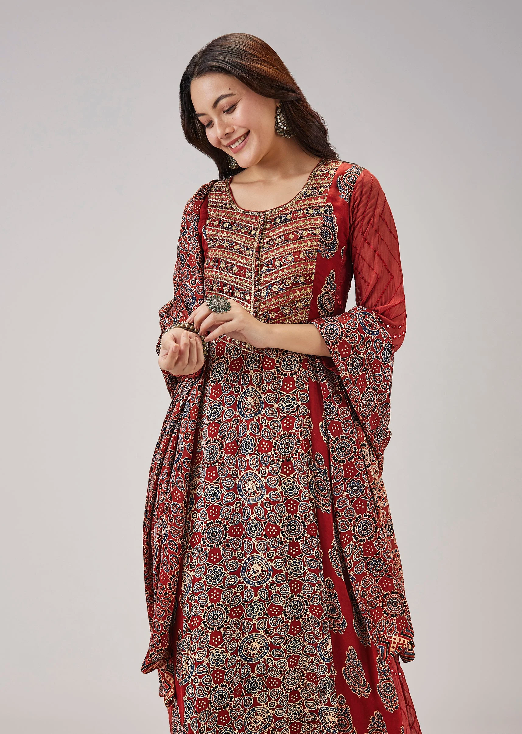 Maroon Pure Ajrakh Printed Anarkali Adorned With Zari Detailing - Image 4