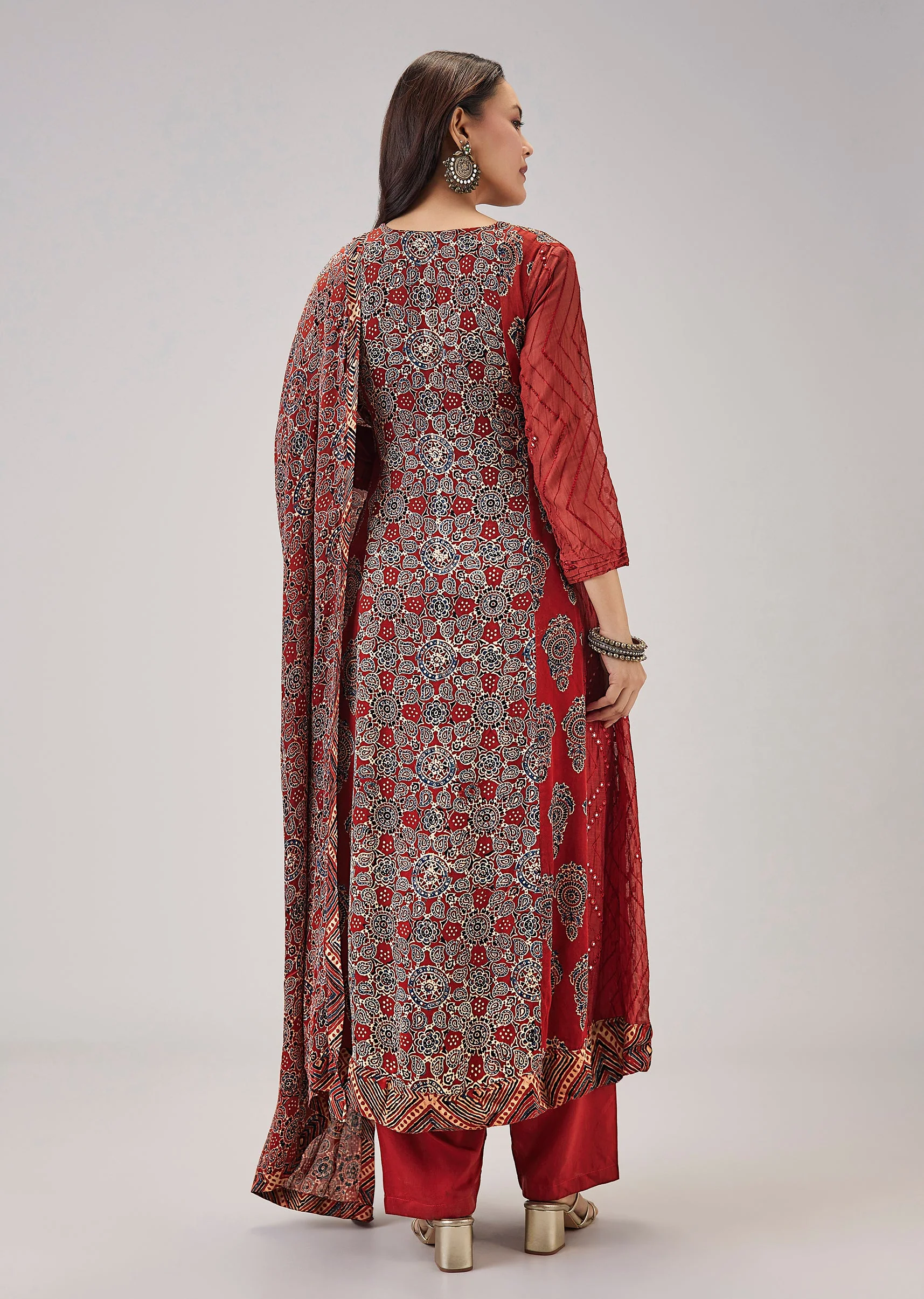 Maroon Pure Ajrakh Printed Anarkali Adorned With Zari Detailing - Image 5