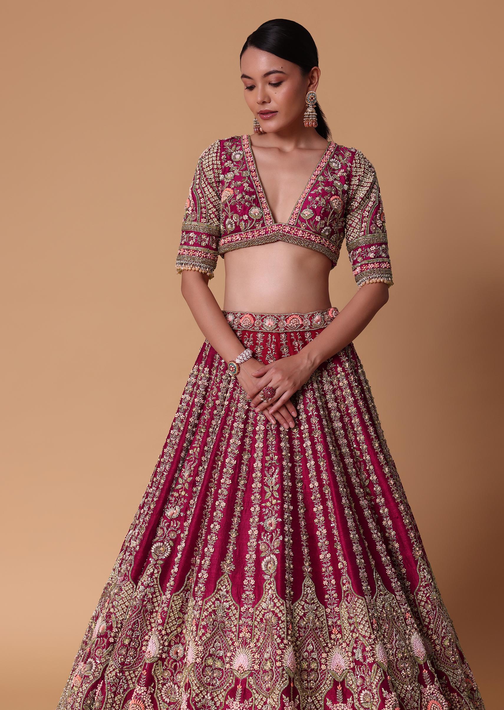 Maroon Raw Silk 16 Kali Zardozi Lehenga Set With Two Dupattas - Image 3