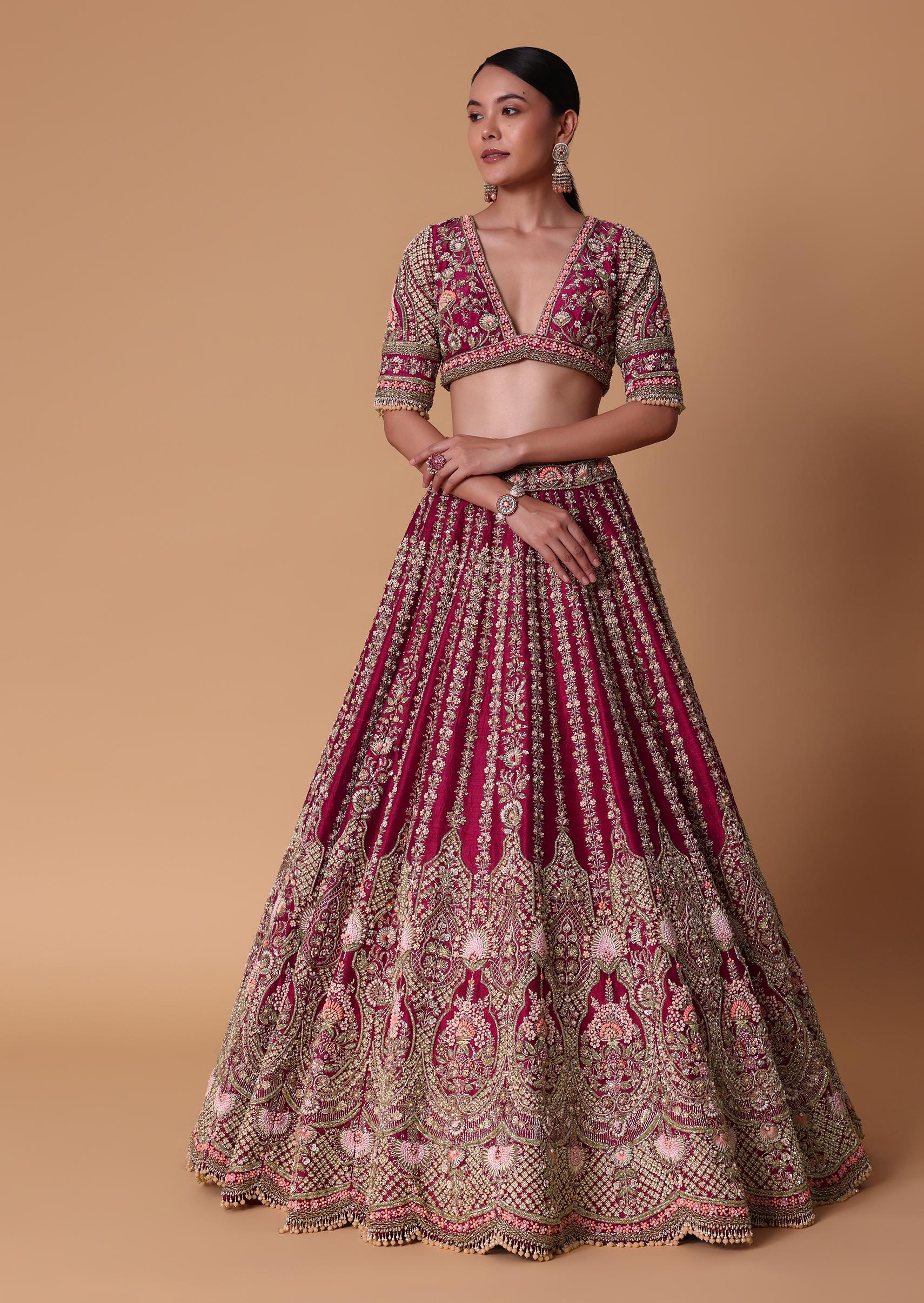 Maroon Raw Silk 16 Kali Zardozi Lehenga Set With Two Dupattas - Image 4
