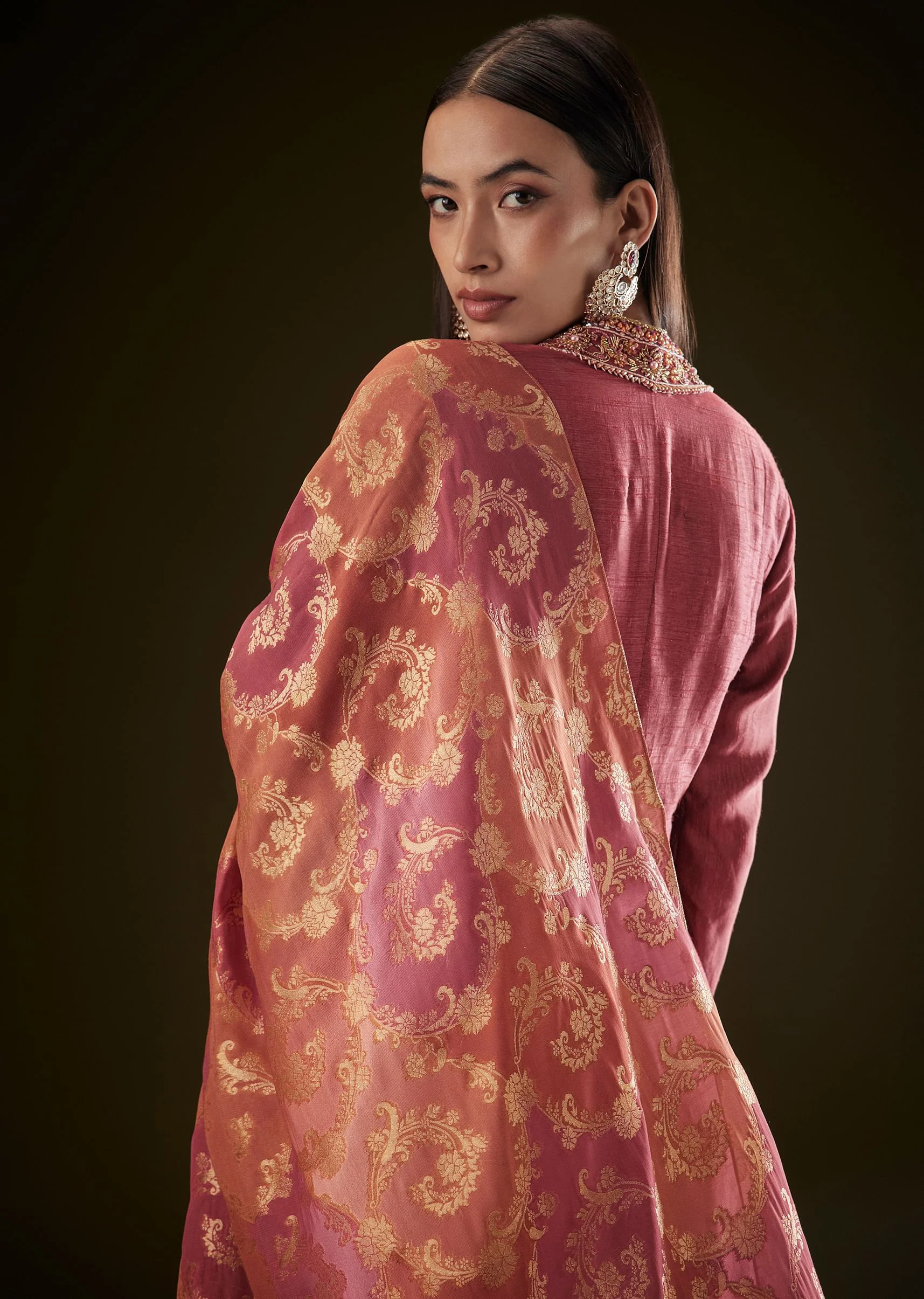 Maroon Raw Silk Embroidered Anarkali With Printed Dupatta - Image 5