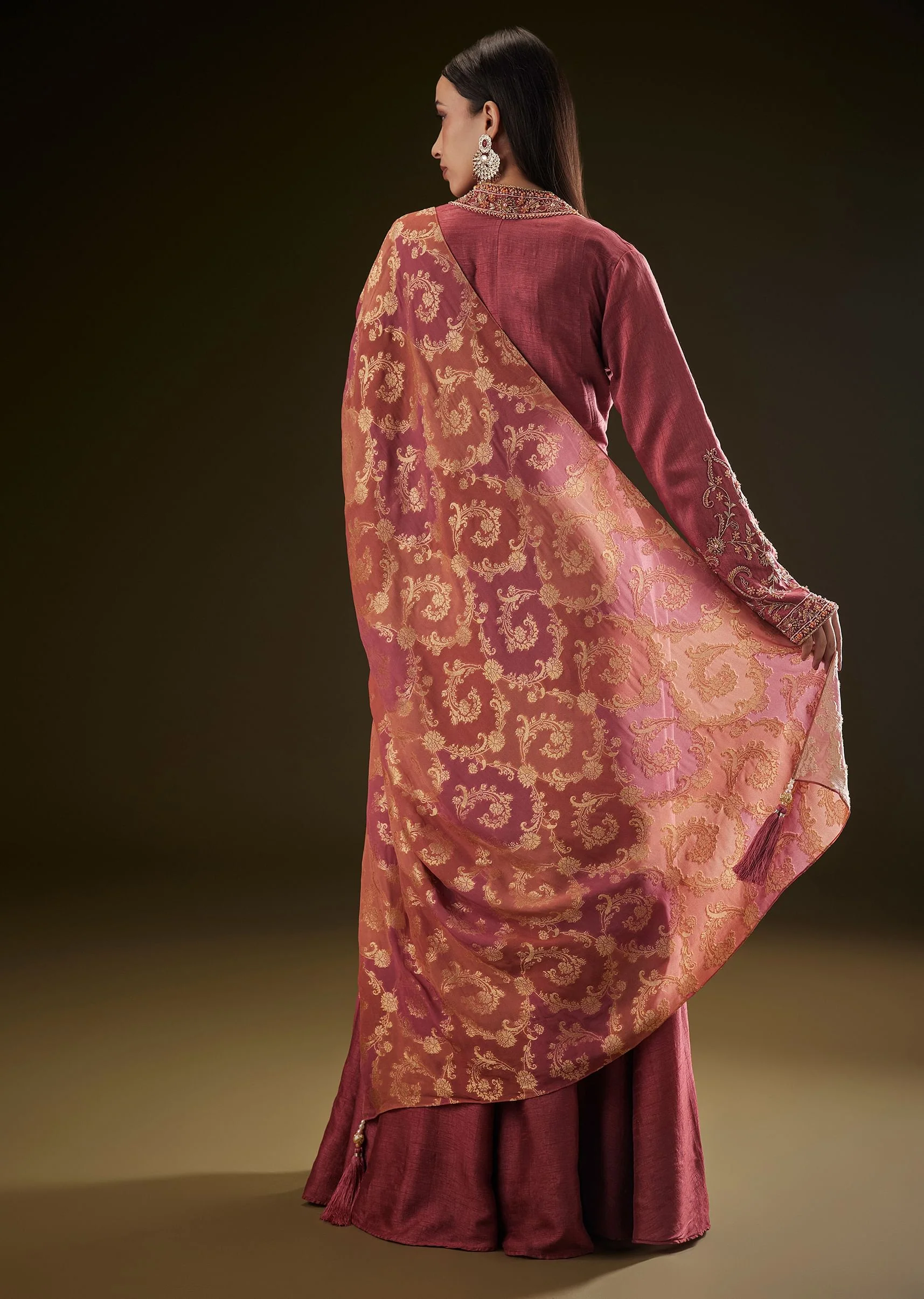 Maroon Raw Silk Embroidered Anarkali With Printed Dupatta - Image 7