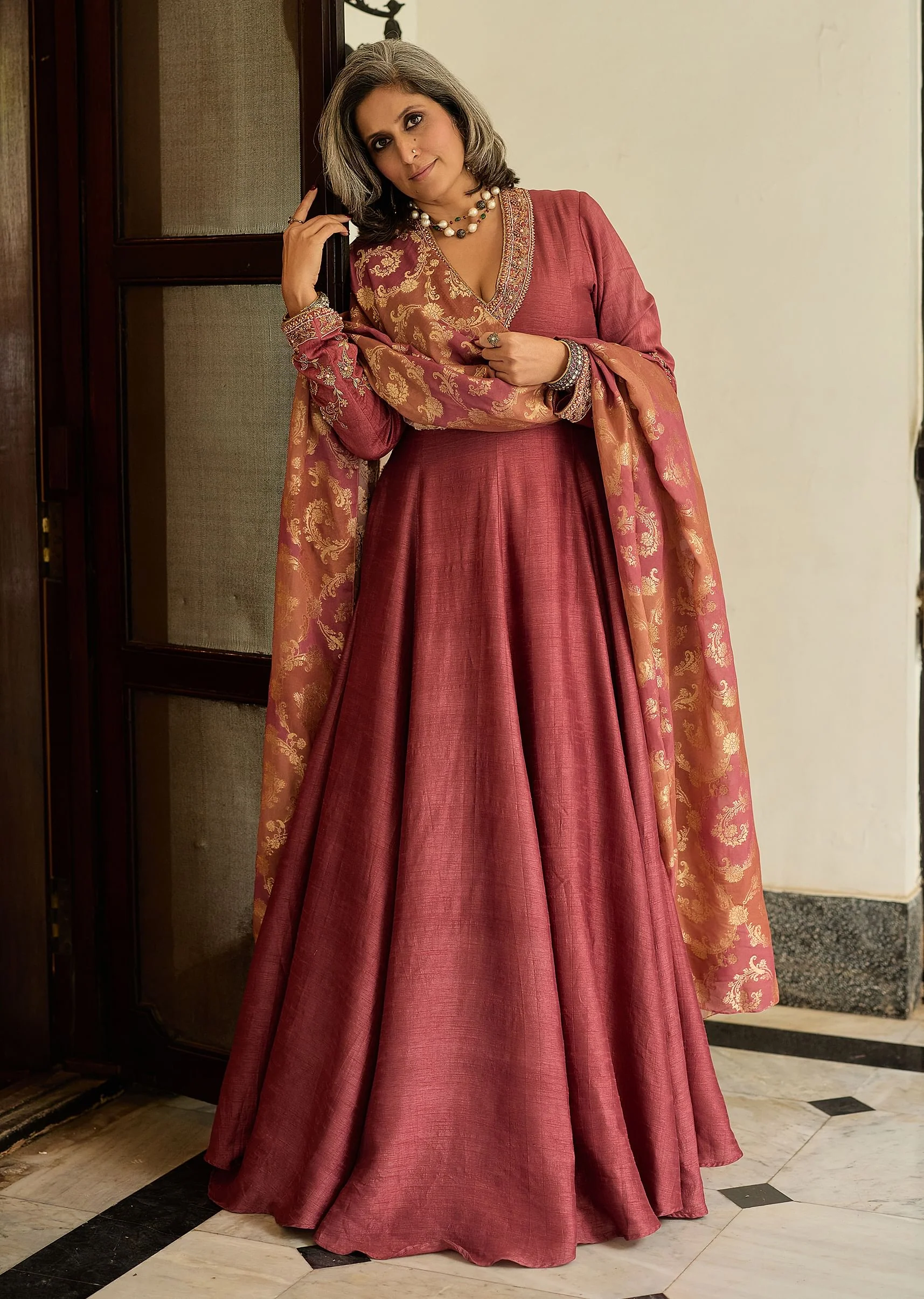 Maroon Raw Silk Embroidered Anarkali With Printed Dupatta - Image 8