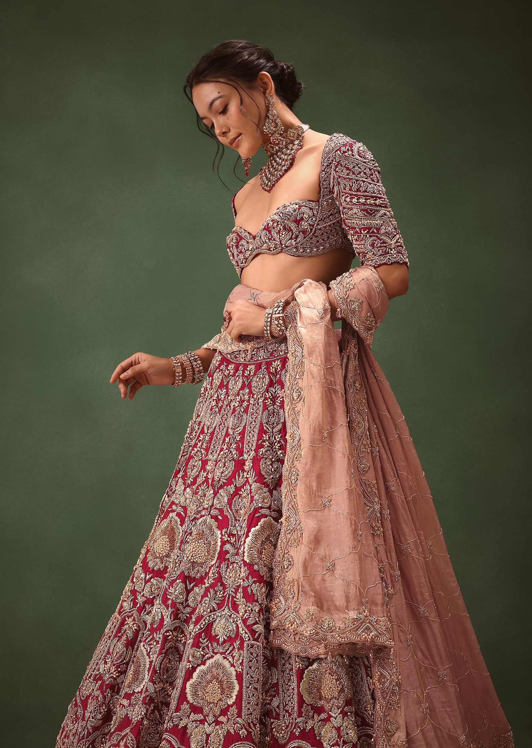 Maroon Raw Silk Hand Embroidered Bridal Lehenga With Two Dupattas - Image 5