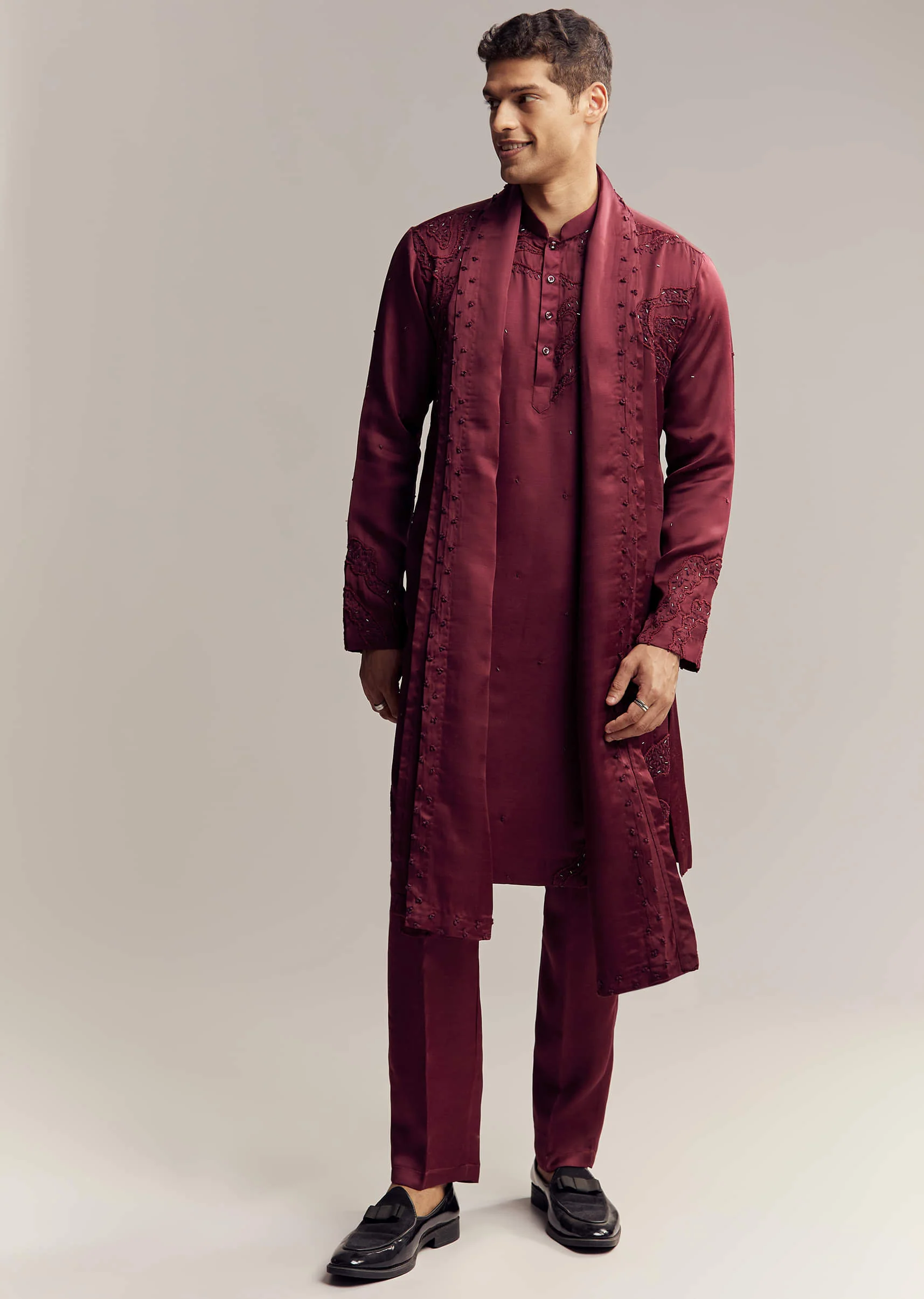 Maroon Red Silk Hand Embroidered Kurta Set For Men - Image 3