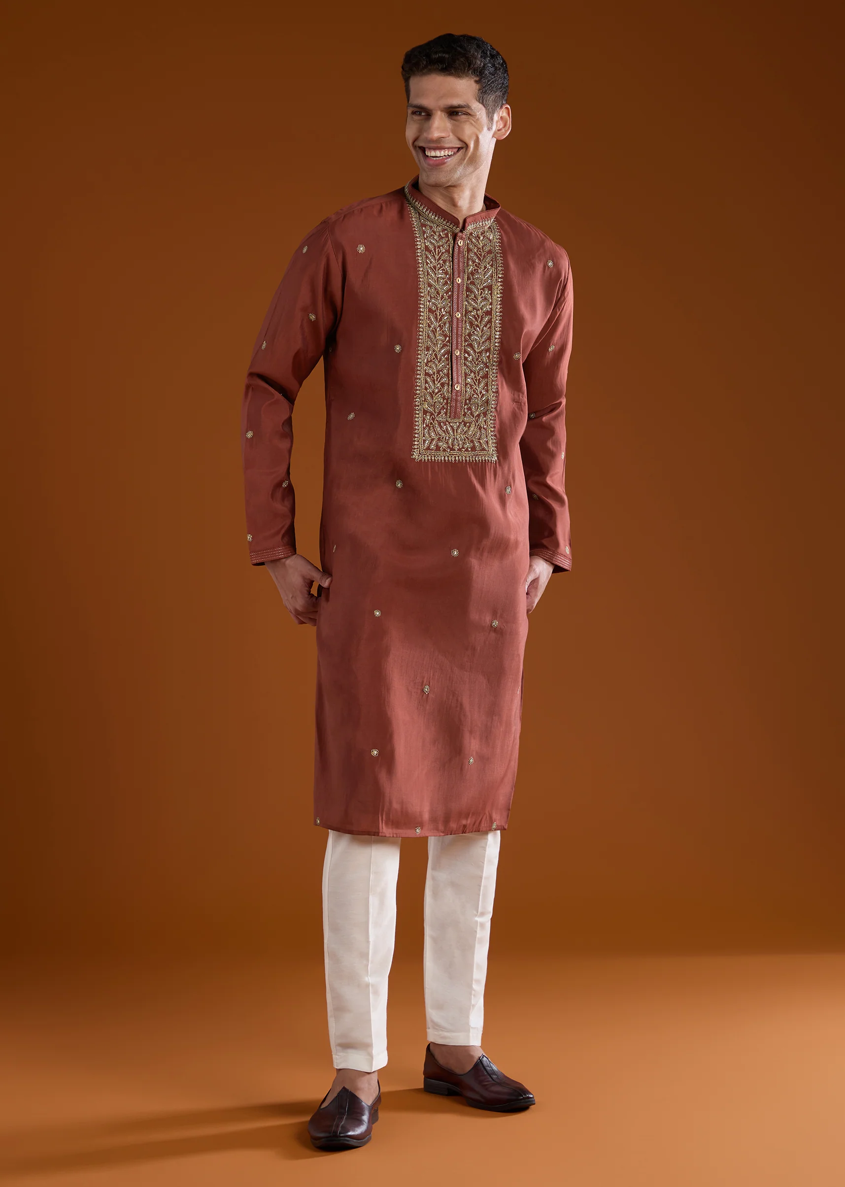 Maroon Red Silk Kurta Set With Thread Detail - Image 2