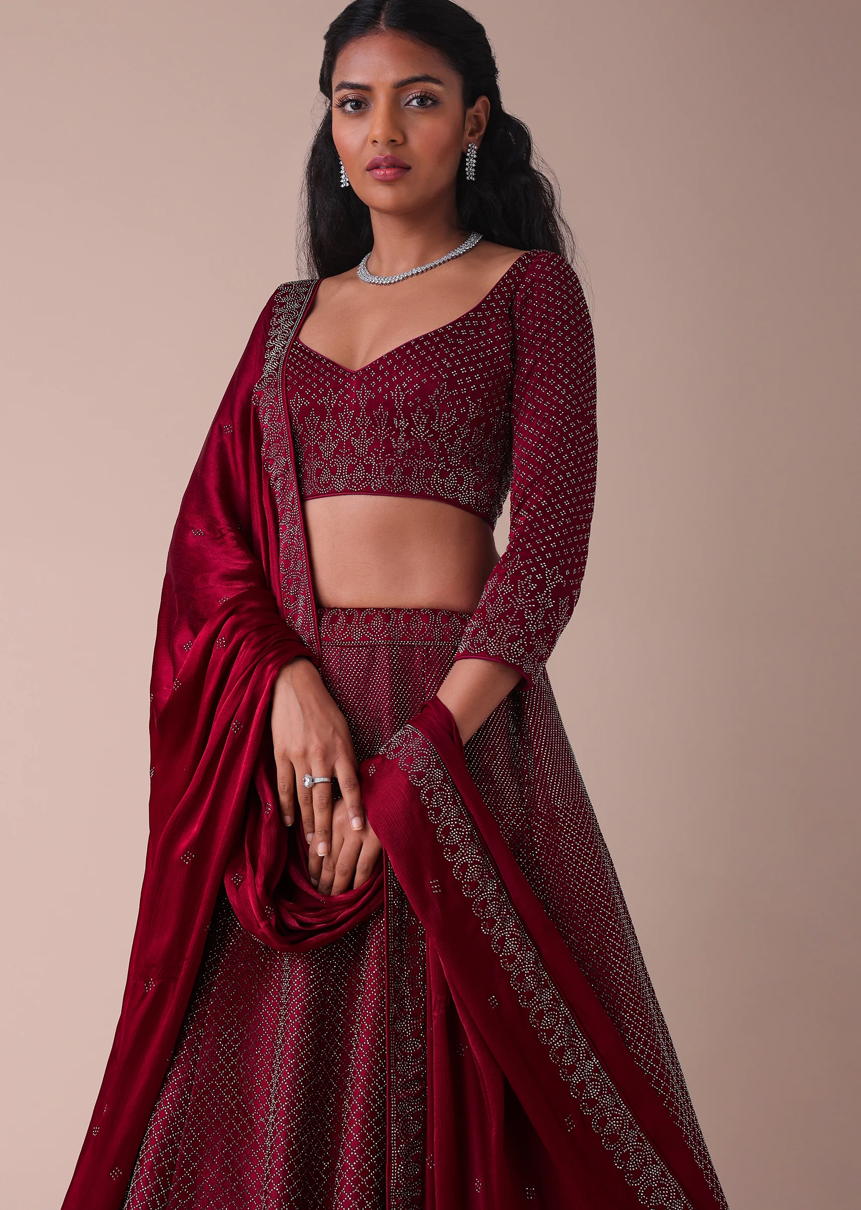 Maroon Red Wrinkle Satin Lehenga With Swarovski Crystals - Image 4