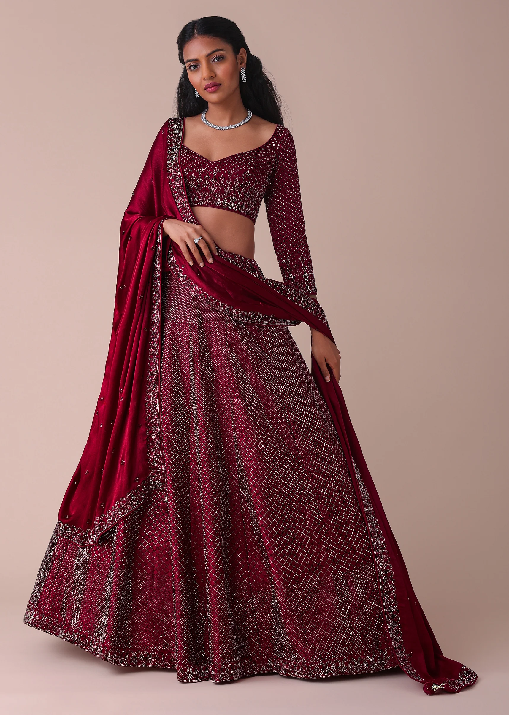 Maroon Red Wrinkle Satin Lehenga With Swarovski Crystals - Image 6