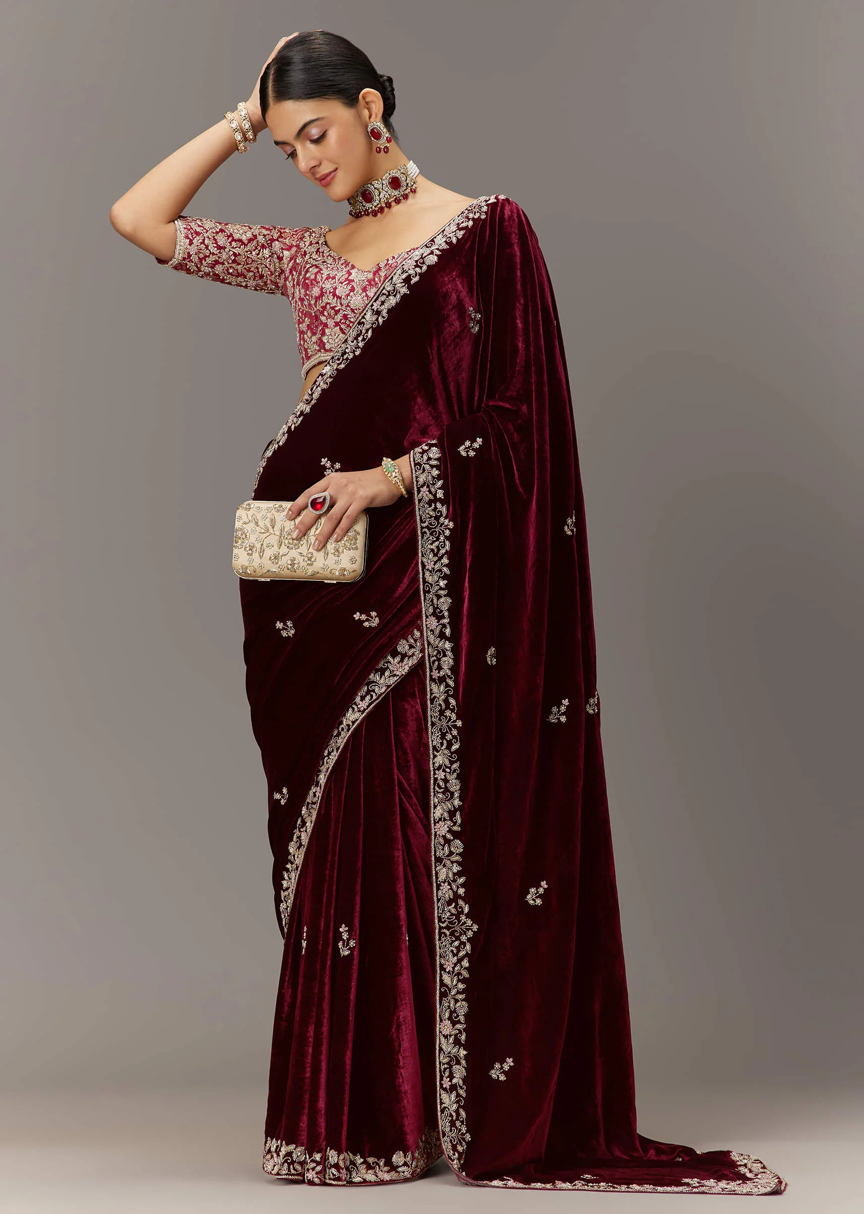 Maroon Saree In Velvet With Brocade Embroidered Blouse - Image 2