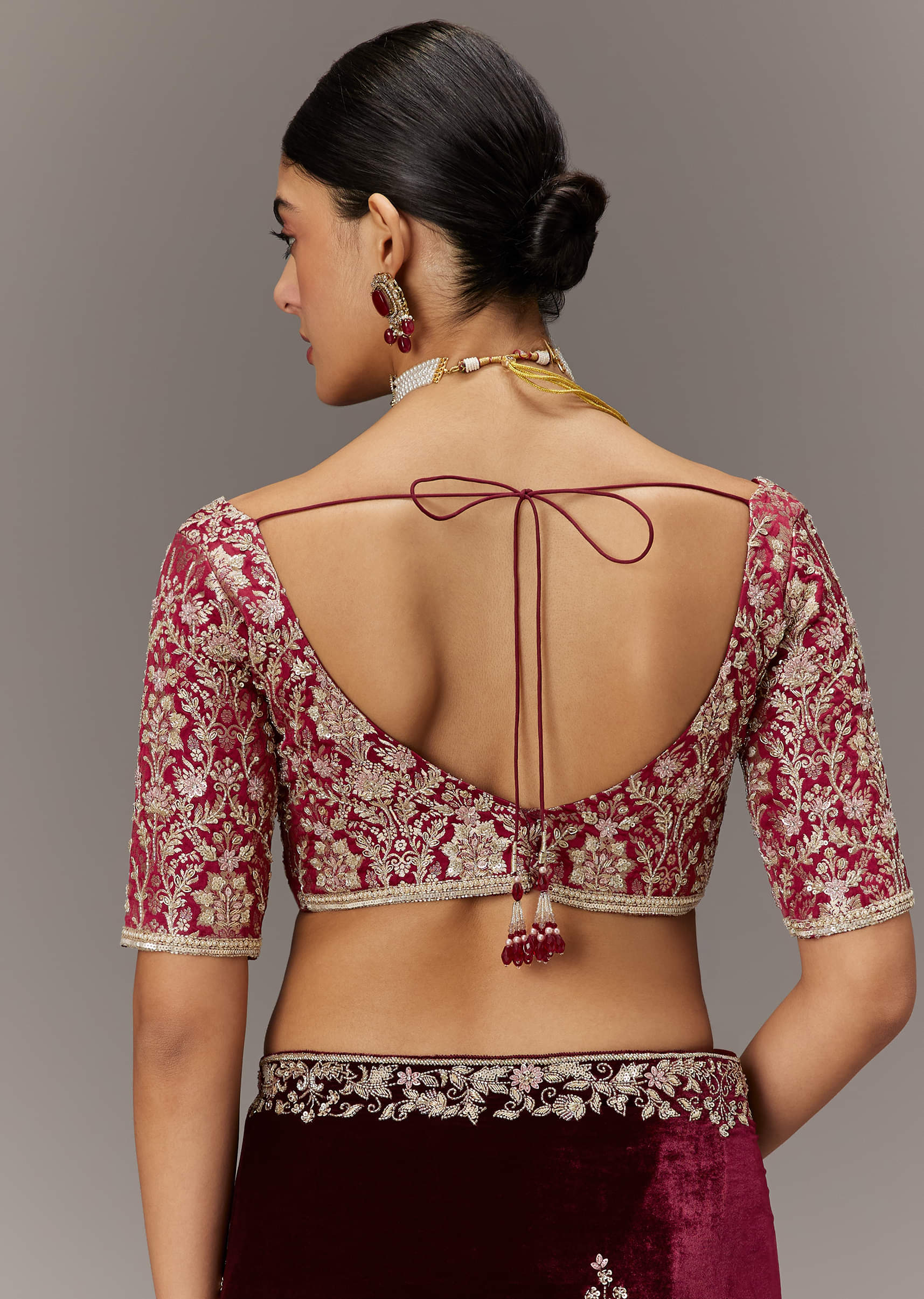 Maroon Saree In Velvet With Brocade Embroidered Blouse - Image 8