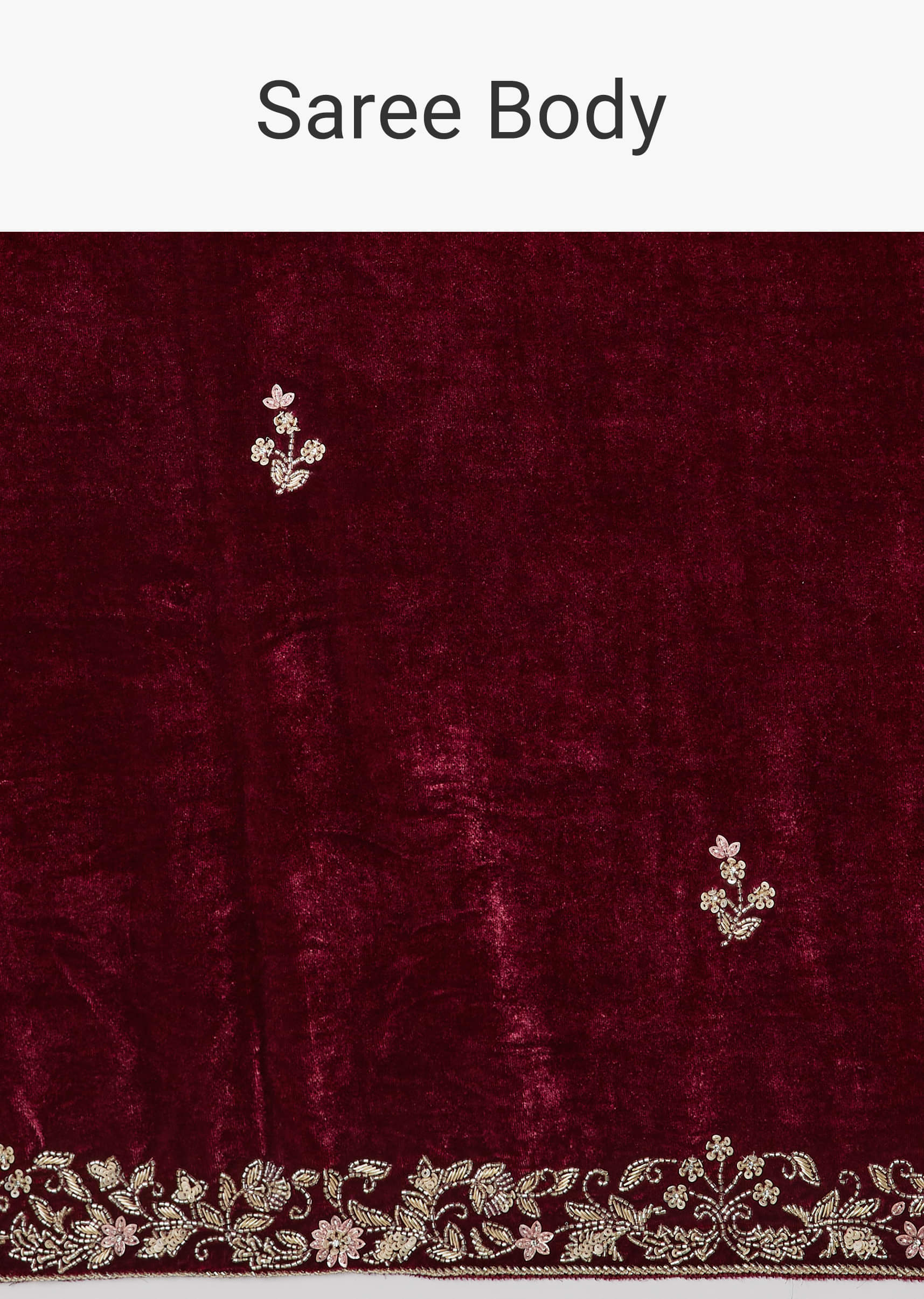 Maroon Saree In Velvet With Brocade Embroidered Blouse - Image 9